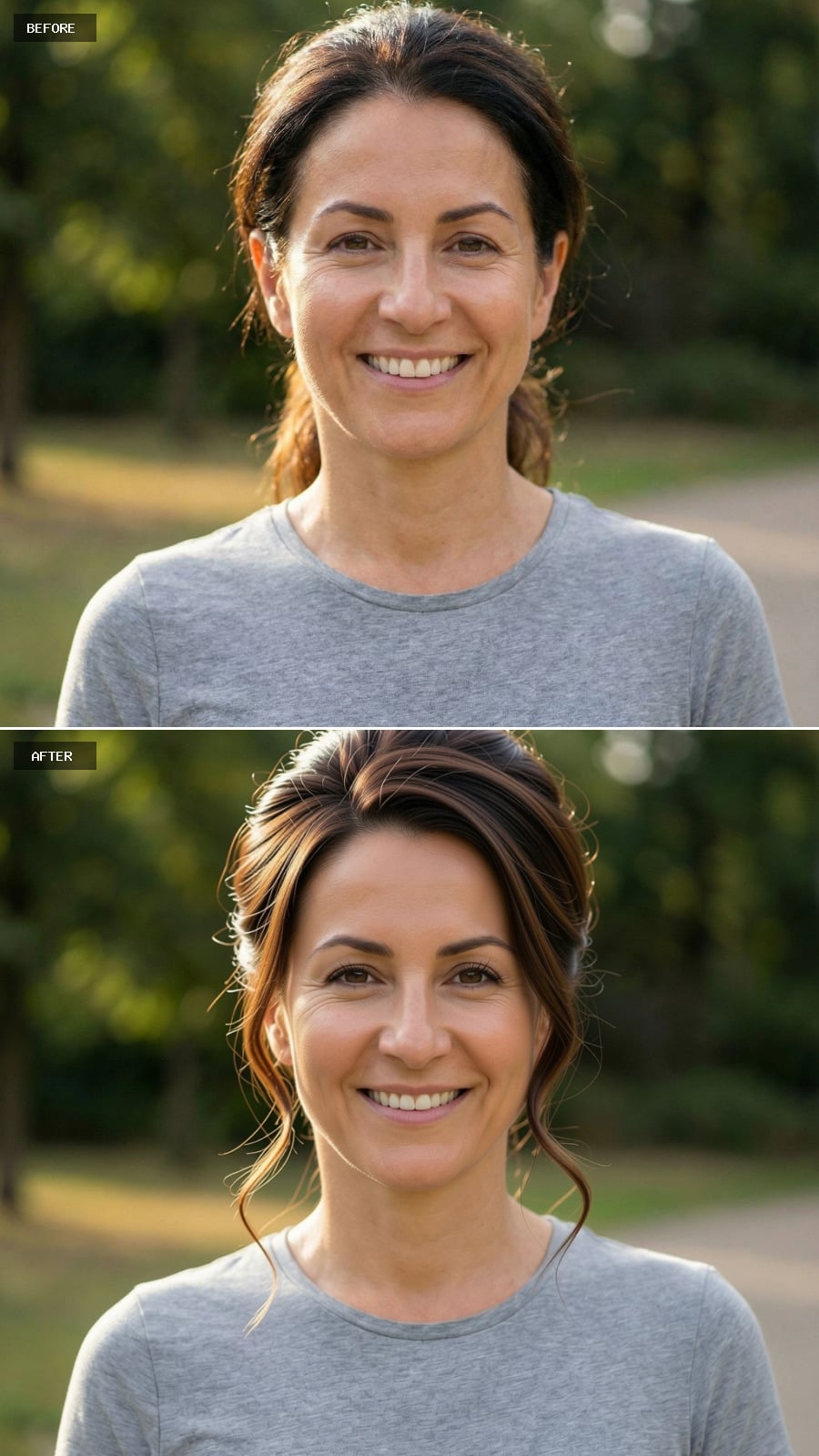 Photorealistic Headshot Of The Exact Same Woman From The Reference Image, Smiling, Wearing A Refined French Twist Upstyle In Rich Brunette Hair With A Smooth Elegant Finish, Polished Natural Makeup, Outdoor Soft-focus Background.