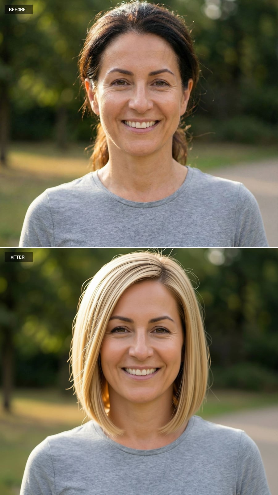 Photorealistic Headshot Of The Exact Same Woman From The Reference Image, Smiling, With Sandy Blonde Hair Styled Into A Sleek Collarbone-length Cut With A Side Part And Smooth Texture, Understated Makeup, Outdoor Greenery.