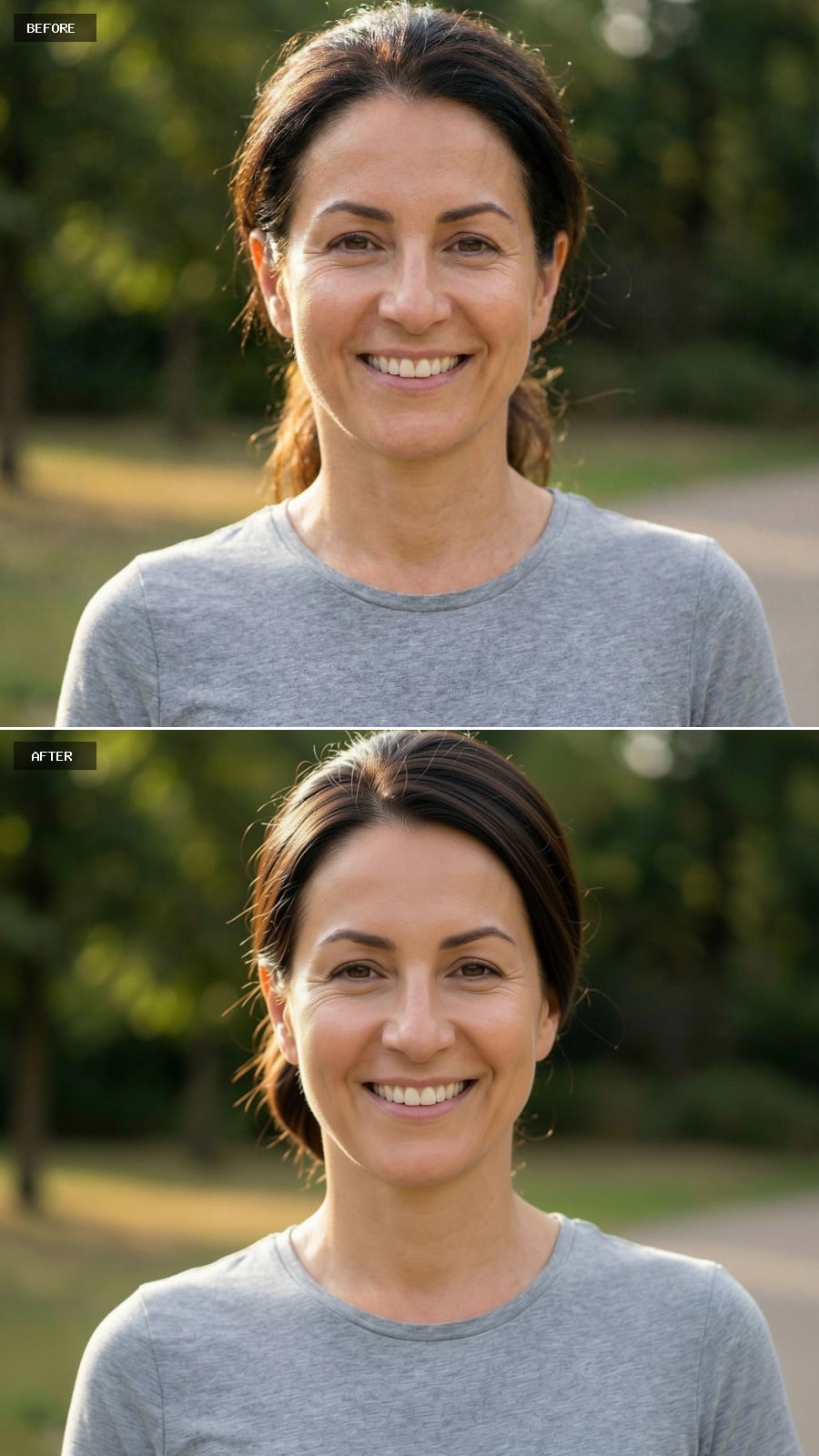 Photorealistic Headshot Of The Exact Same Woman From The Reference Image, Smiling, Wearing A Modern Low Chignon Upstyle In Dark Brunette Hair, Clean Lines And Glossy Finish, Elegant Natural Makeup, Outdoor Background.