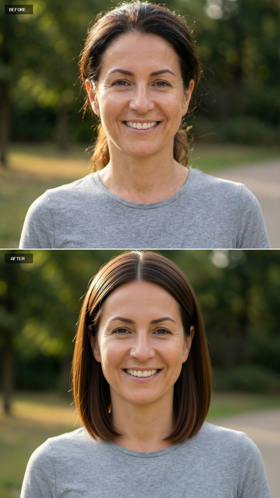 Photorealistic Headshot Of The Exact Same Woman From The Reference Image, Smiling, With Medium-length Brunette Hair Styled Straight With Tucked-behind-the-ear Styling And A Center Part, Refined Minimal Makeup, Blurred Greenery Background.