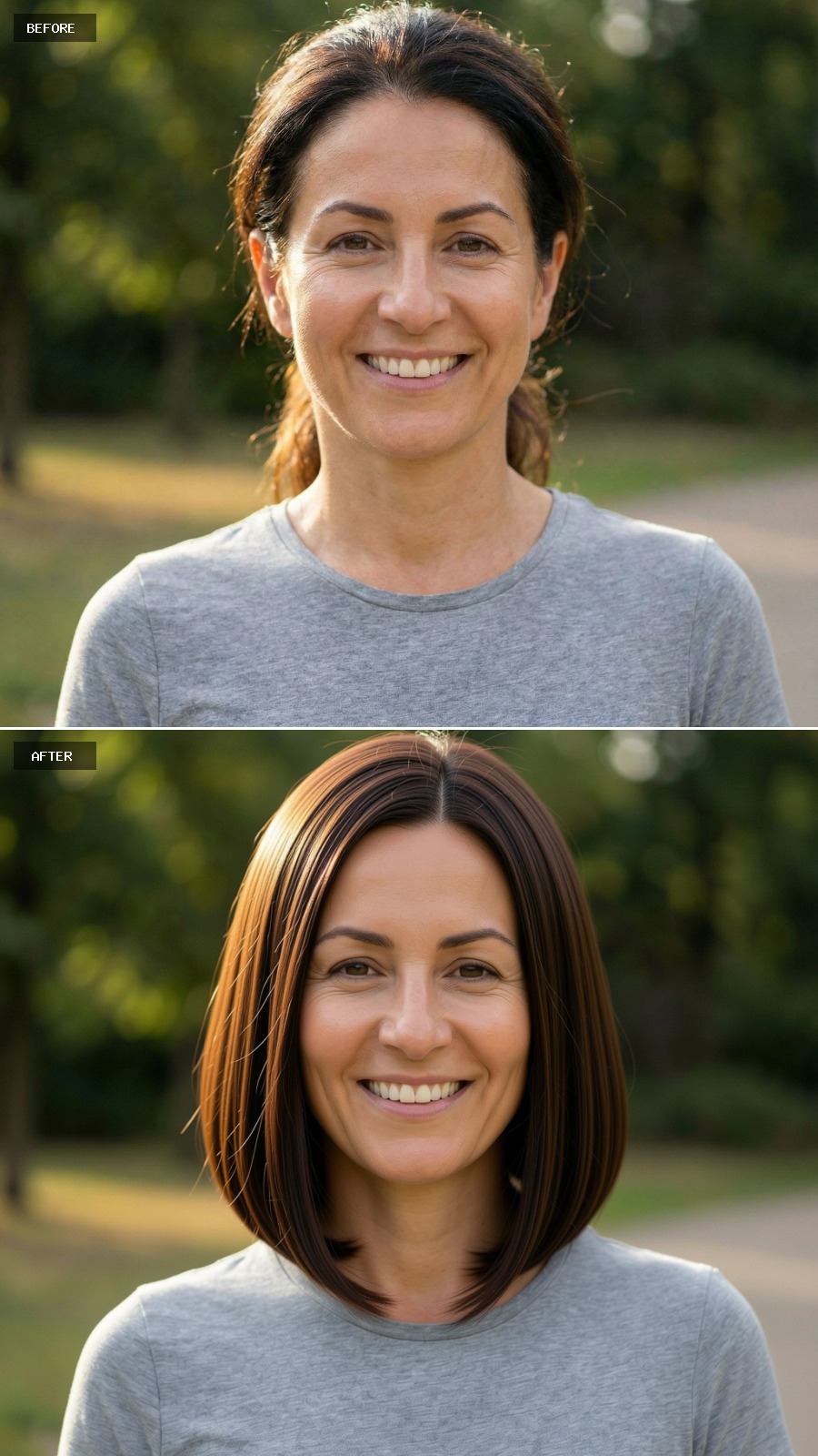 Photorealistic Headshot Of The Exact Same Woman From The Reference Image, Smiling, With Brunette Hair Styled Into A Sleek Shoulder-length Cut With Gentle Inward Shaping At The Ends, Clean Modern Look, Understated Makeup, Outdoor Setting.