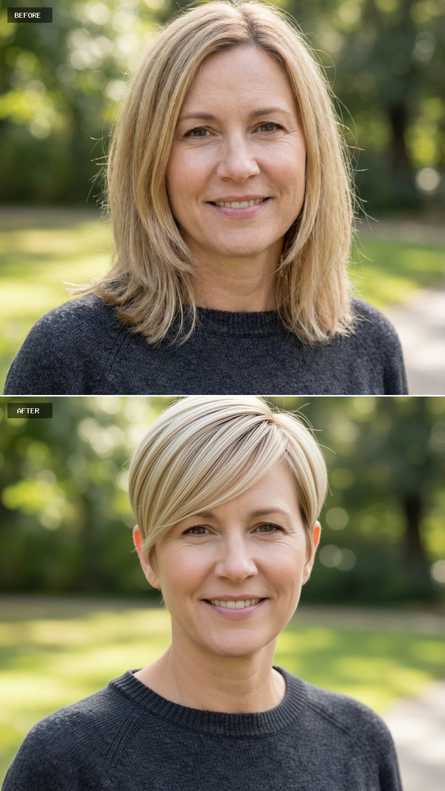 Photorealistic Headshot Of The Same 47-year-old Woman, Sleek Short Pixie Haircut In Sandy Blonde, Side-swept Fringe, Polished And Modern, Natural Outdoor Background, Smiling