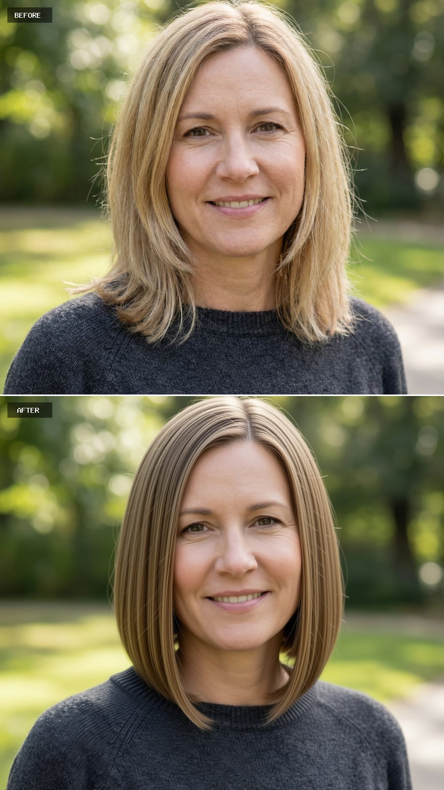 Photorealistic Headshot Of The Same 47-year-old Woman, Chin-length Blunt Bob In Light Brunette, Center Part, Ultra-sleek Finish, Minimalist And Refined, Outdoors, Smiling