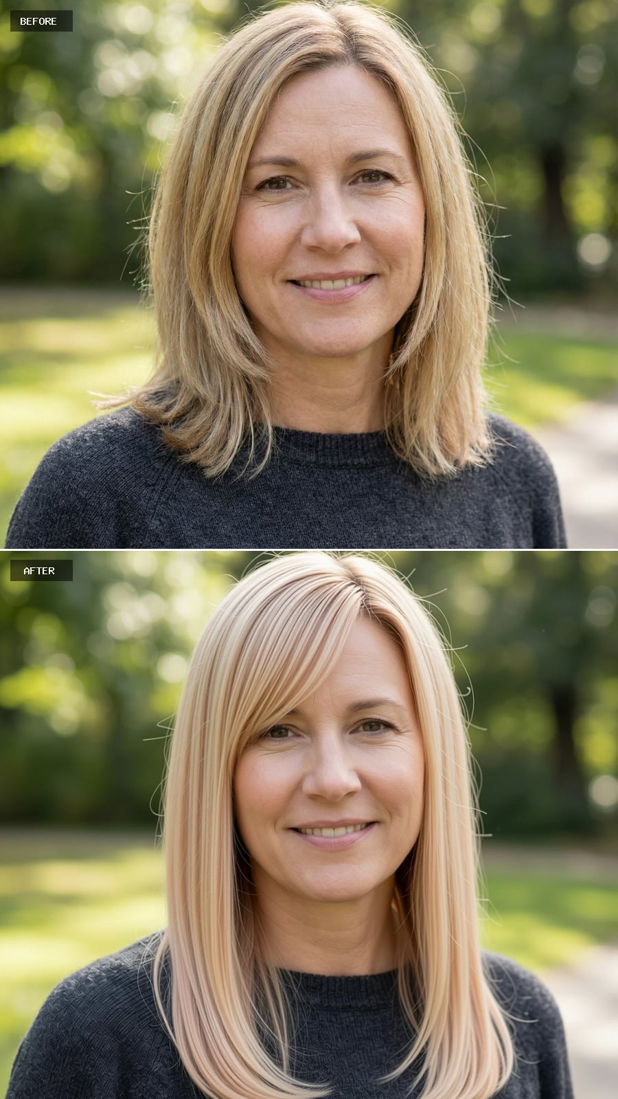 Photorealistic Headshot Of The Same 47-year-old Woman, Long Sleek Lob In Strawberry Blonde, Subtle Face-framing Layers, Clean Lines, Outdoors, Smiling Naturally