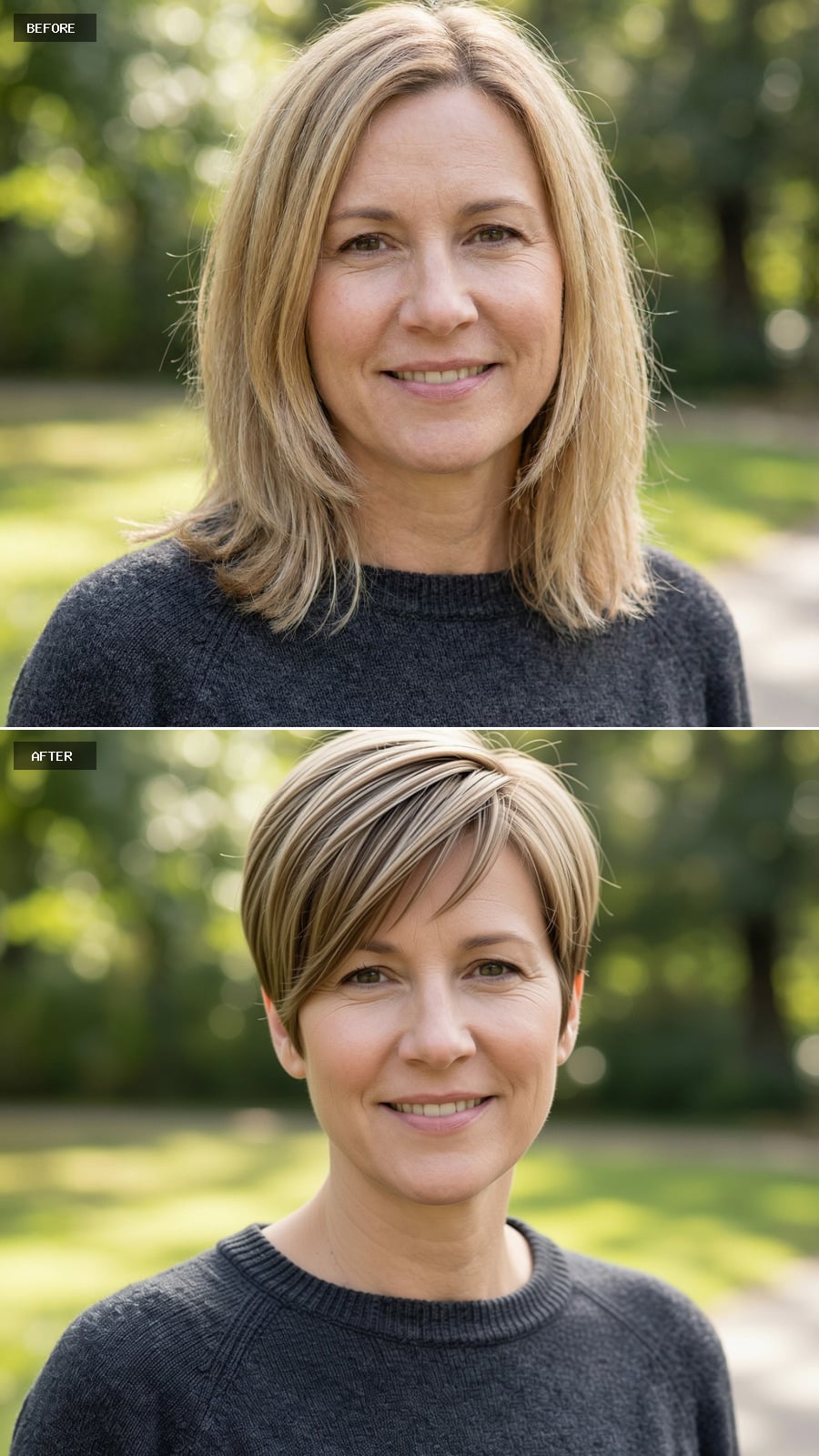 Photorealistic Headshot Of The Same 47-year-old Woman, Cropped Pixie With Longer Top In Light Brunette, Sleek Styling, Modern And Confident, Outdoor Portrait