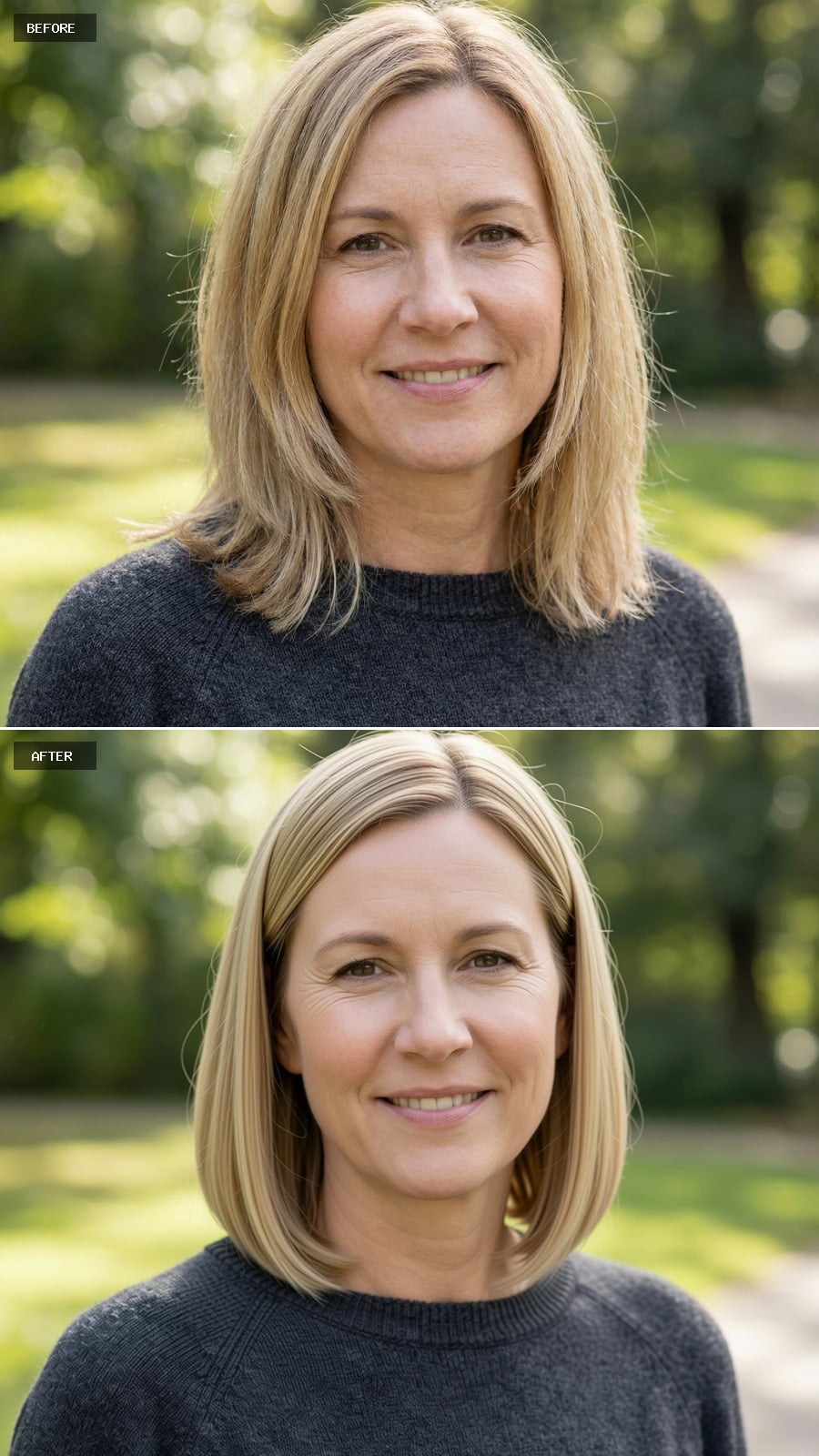 Photorealistic Headshot Of The Same 47-year-old Woman, Collarbone-length Sandy Blonde Haircut, Straight And Tucked Behind Ears, Effortless And Polished, Outdoors
