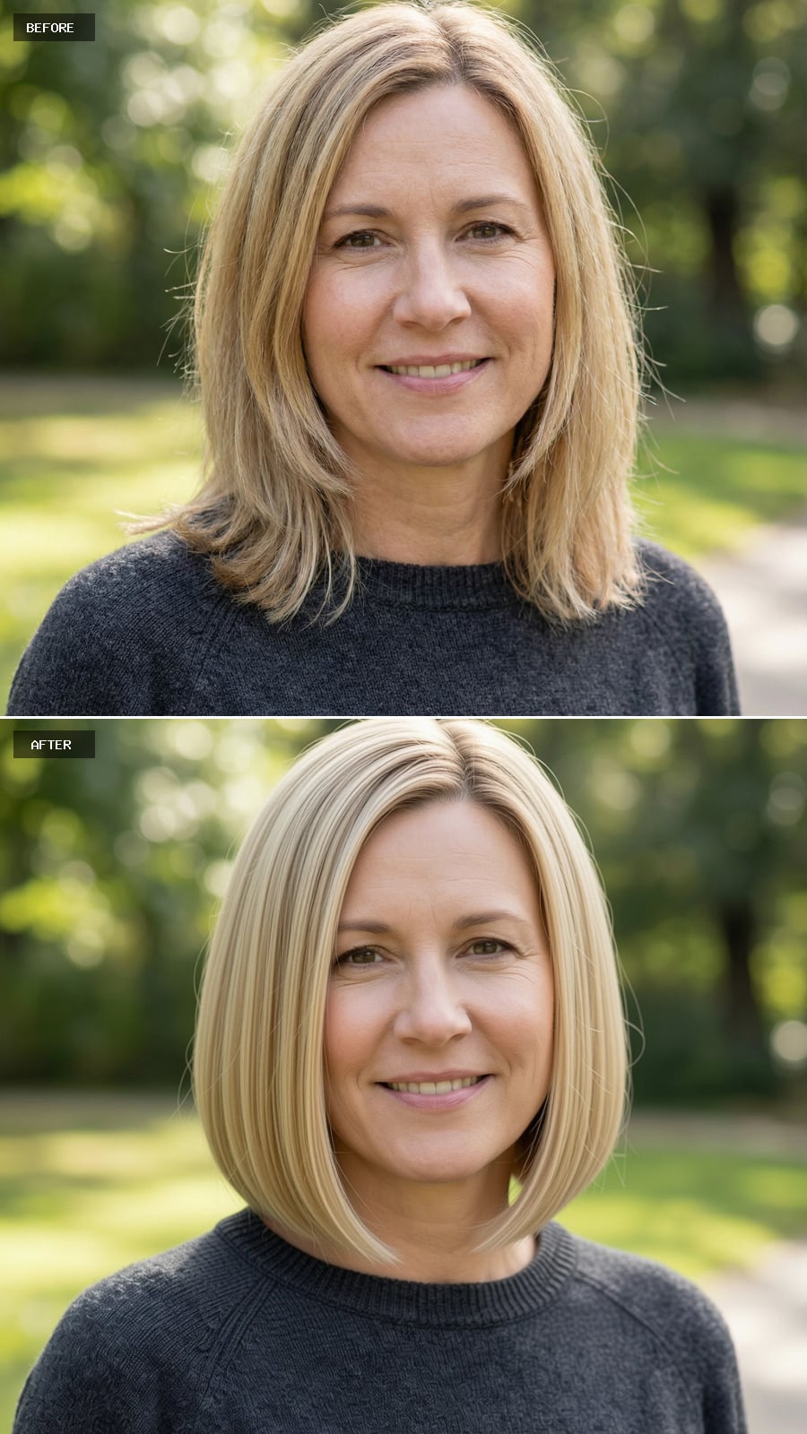 Photorealistic Headshot Of The Same 47-year-old Woman, Classic French Bob In Blonde, Jaw-length With Blunt Ends, Smooth And Chic, Outdoor Natural Light