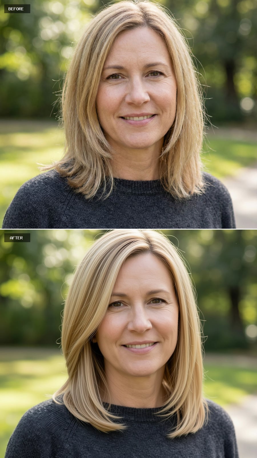 Photorealistic Headshot Of The Same 47-year-old Woman, Shoulder-length Strawberry Blonde Hair With A Soft Side Part, Sleek And Refined, Outdoors, Smiling