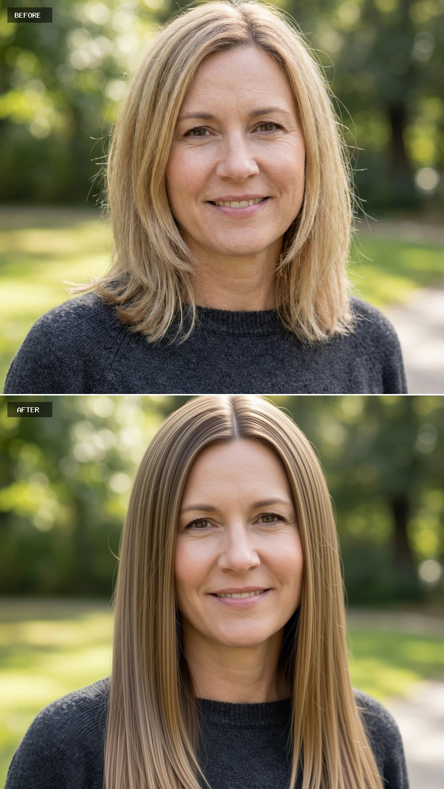 Photorealistic Headshot Of The Same 47-year-old Woman, Long Light Brunette Hair Worn Straight And Glossy, Center Part, Elegant And Timeless, Outdoor Background