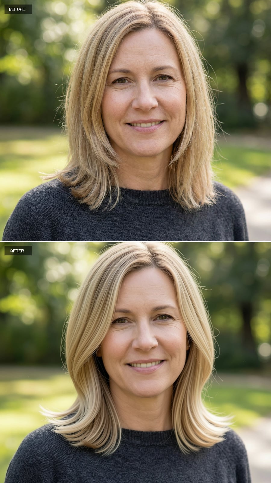 Photorealistic Headshot Of The Same 47-year-old Woman, Mid-length Blonde Haircut With Gentle Bends At The Ends, Polished And Soft, Outdoors, Smiling