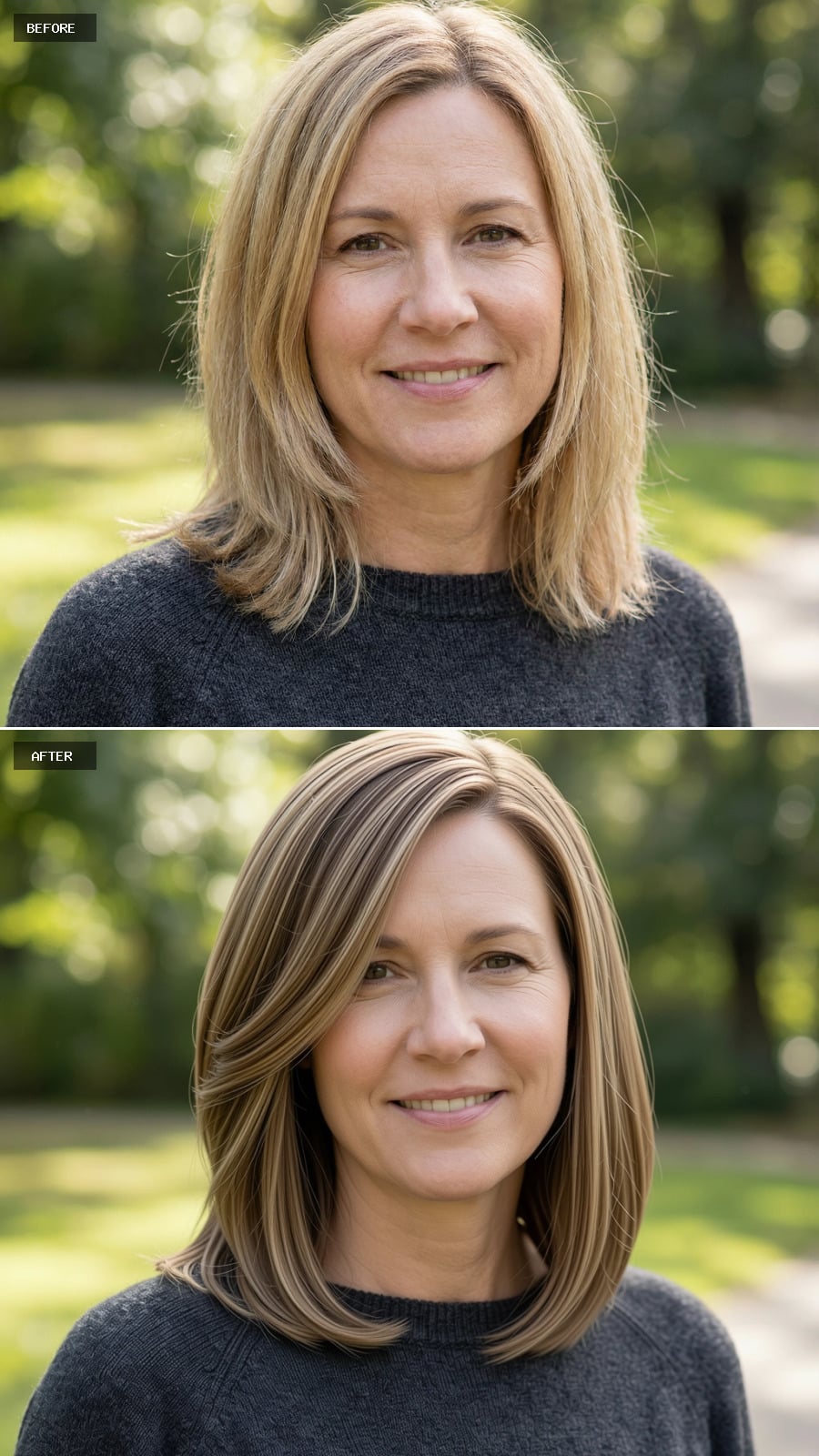 Photorealistic Headshot Of The Same 47-year-old Woman, Shoulder-length Light Brunette Hair, Deep Side Part, Sleek Blowout Look, Natural Outdoor Light