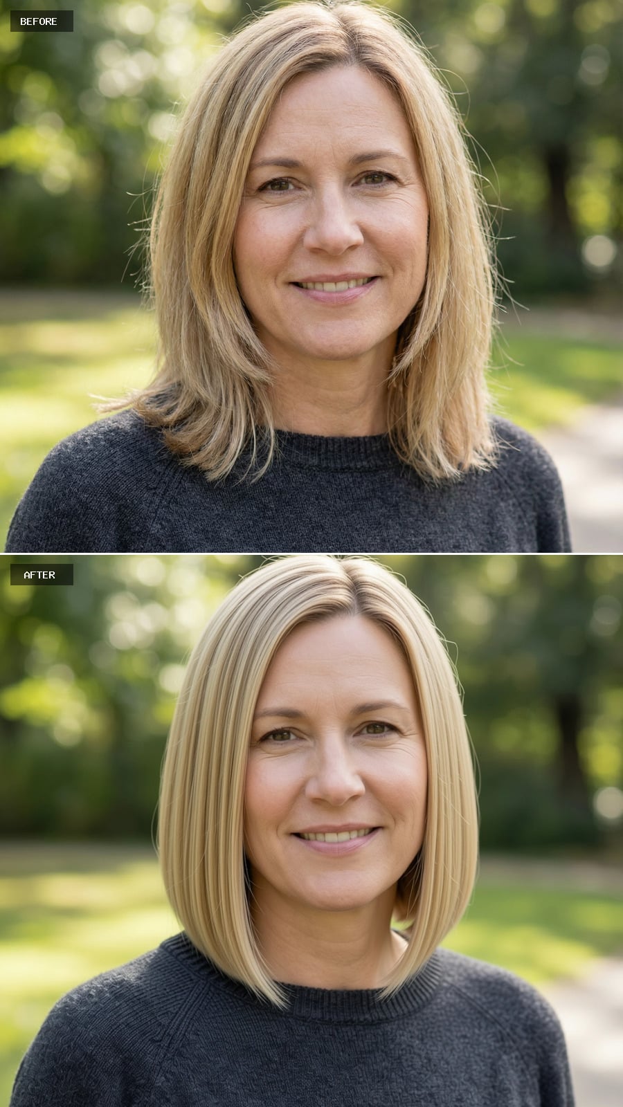 Photorealistic Headshot Of The Same 47-year-old Woman, Blunt Shoulder-length Bob In Sandy Blonde, Razor-sharp Ends, Minimalist And Modern, Outdoors