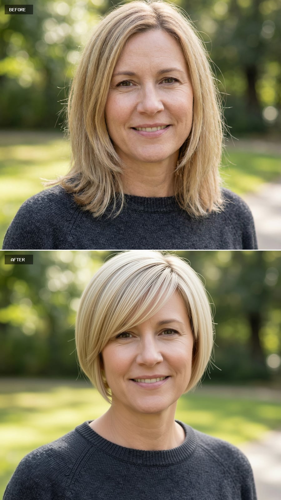 Photorealistic Headshot Of The Same 47-year-old Woman, Short Blonde Crop With Soft Side Fringe, Sleek And Intentional Styling, Outdoor Portrait
