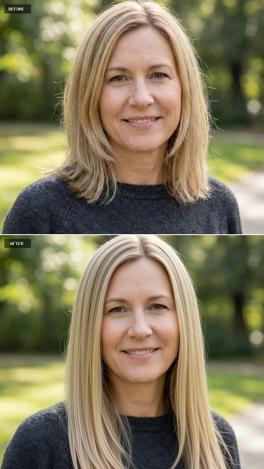 Photorealistic Headshot Of The Same 47-year-old Woman, Long Sandy Blonde Hair Worn Straight With A Middle Part, Calm And Elegant, Outdoor Background