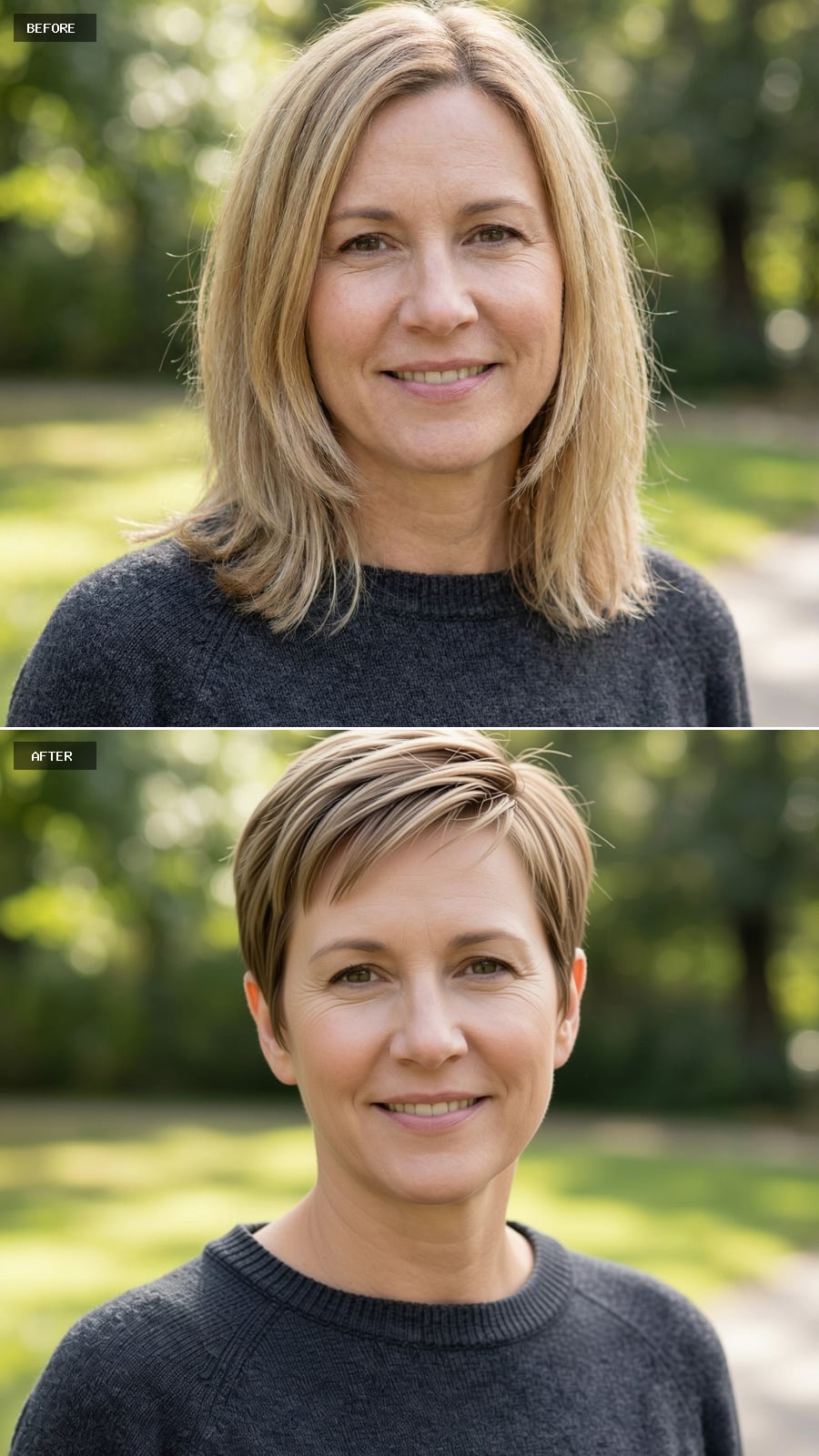 Photorealistic Headshot Of The Same 47-year-old Woman, Ultra-short Pixie In Light Brunette, Precise Cut, Modern And Confident, Outdoor Natural Light