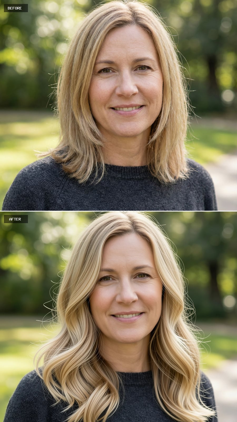 Photorealistic Headshot Of The Same 47-year-old Woman, Long Blonde Hair With Gentle Waves Starting Below The Shoulders, Polished And Effortless, Outdoors