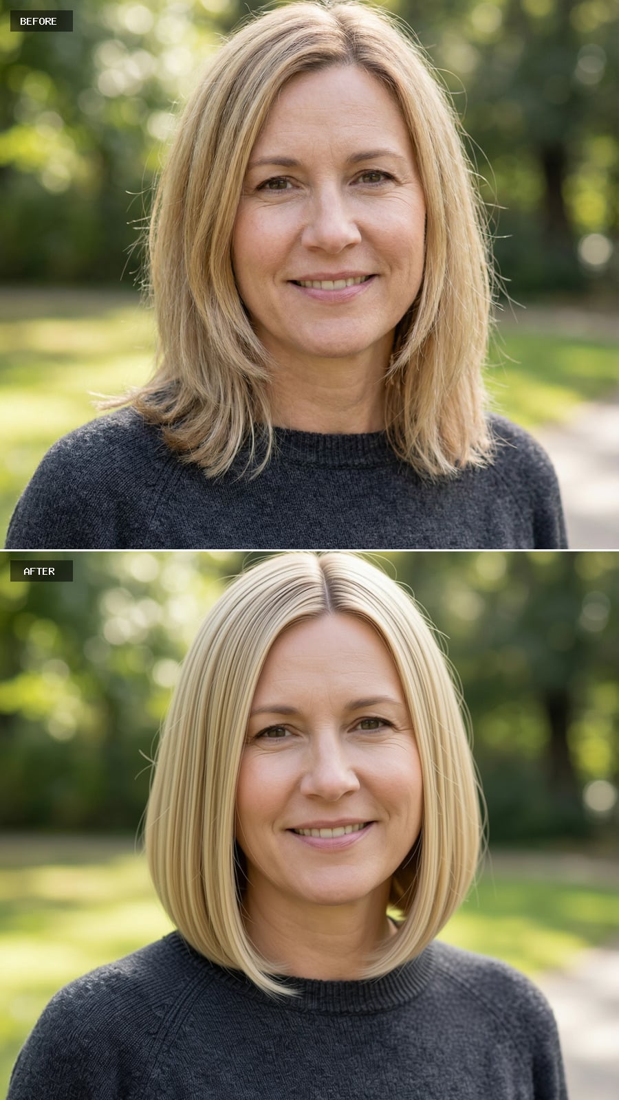 Photorealistic Headshot Of The Same 47-year-old Woman, Ultra-sleek Jaw-length Bob In Sandy Blonde, Sharp Middle Part, Glassy Smooth Finish, Outdoor Natural Light, Smiling