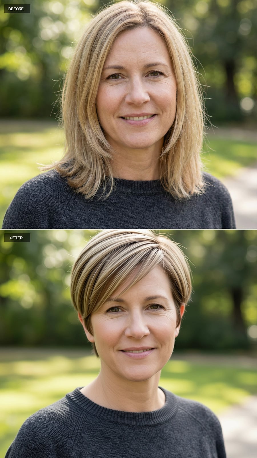 Photorealistic Headshot Of The Same 47-year-old Woman, Short Light Brunette Pixie With Clean Tapered Sides And Longer Crown, Sleek Styling, Confident Look, Outdoor Portrait