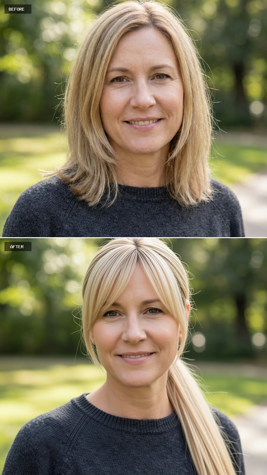 Photorealistic Headshot Of The Same 47-year-old Woman, Long Blonde Hair Pulled Into A Low Sleek Ponytail With Face-framing Pieces, Polished And Modern, Outdoor Setting