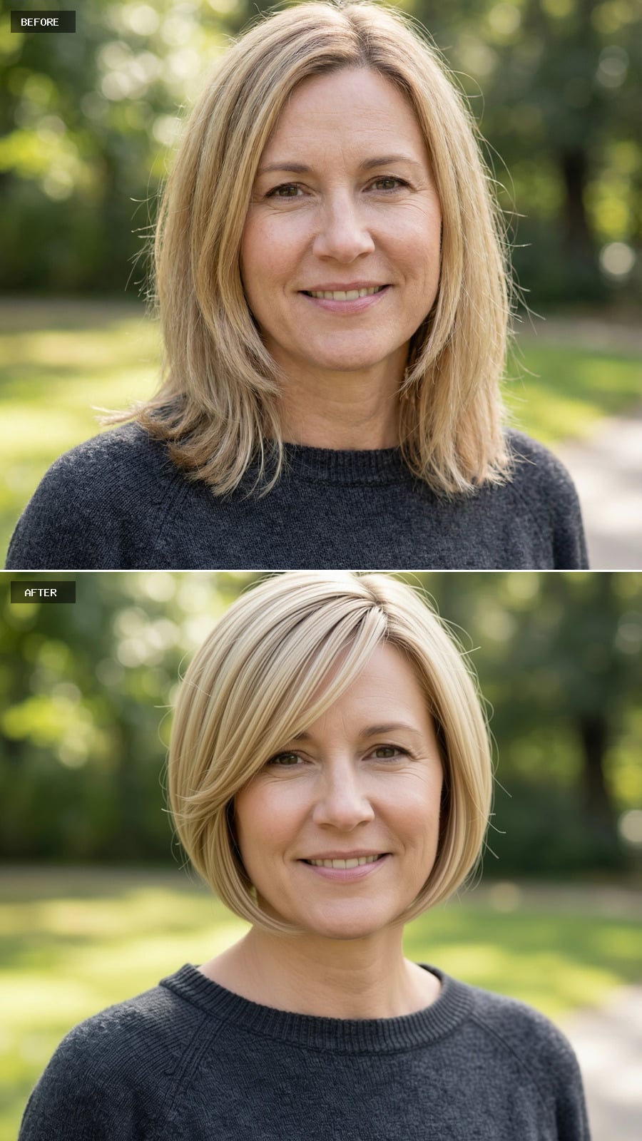 Photorealistic Headshot Of The Same 47-year-old Woman, Short Sandy Blonde Crop With Soft Side-swept Fringe, Clean And Intentional Styling, Outdoors