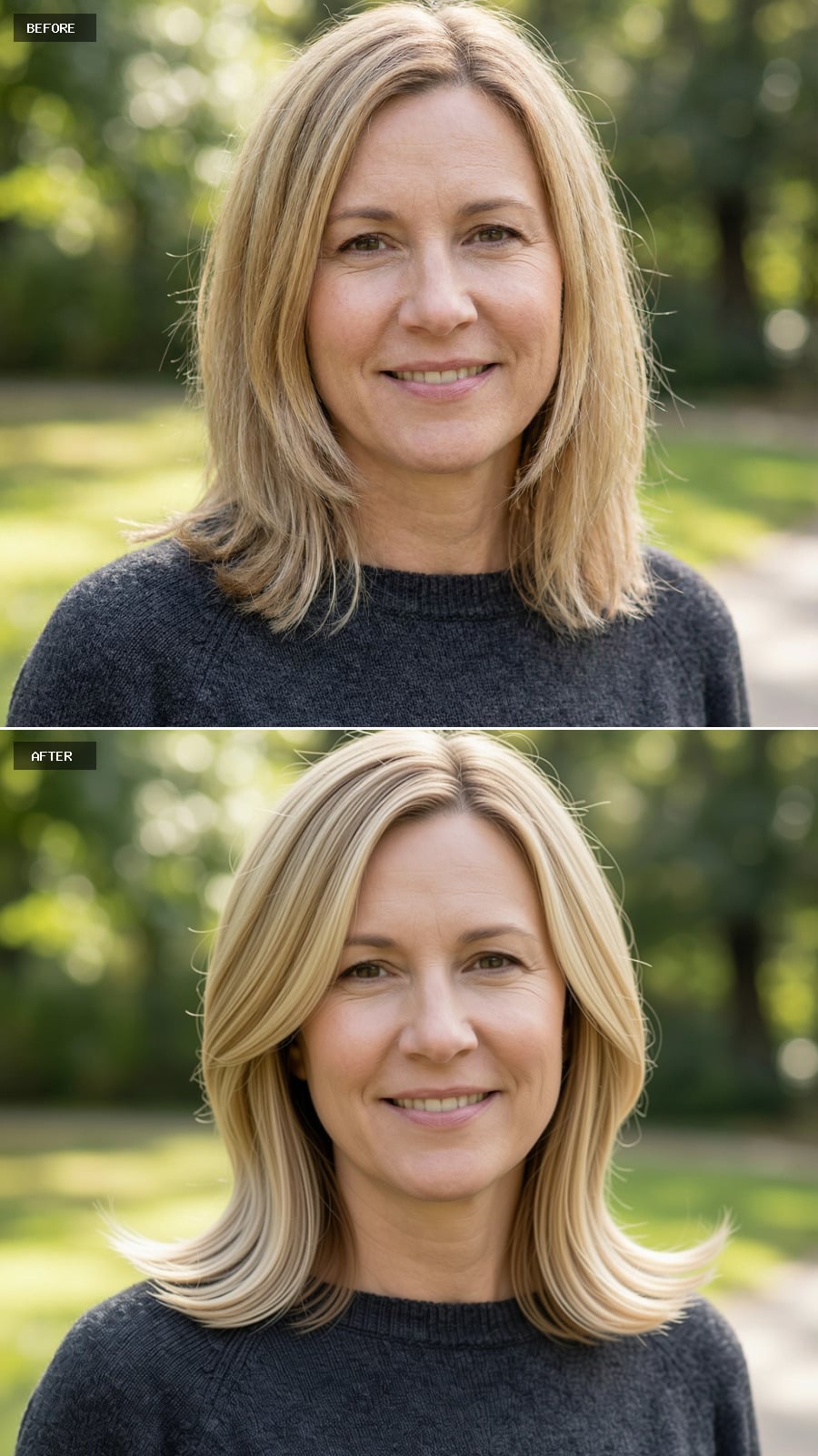 Photorealistic Headshot Of The Same 47-year-old Woman, Shoulder-length Blonde Hair Styled In Smooth Outward Flick At The Ends, Retro-modern Feel, Outdoor Light