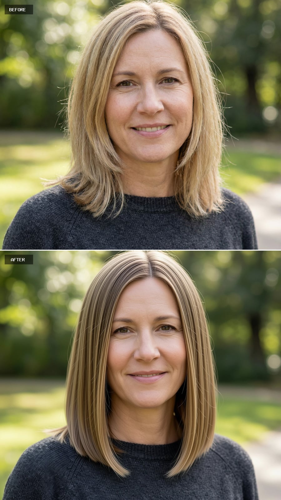 Photorealistic Headshot Of The Same 47-year-old Woman, Light Brunette Long Bob With Razor-clean Ends And Center Part, Sleek Editorial Finish, Outdoors