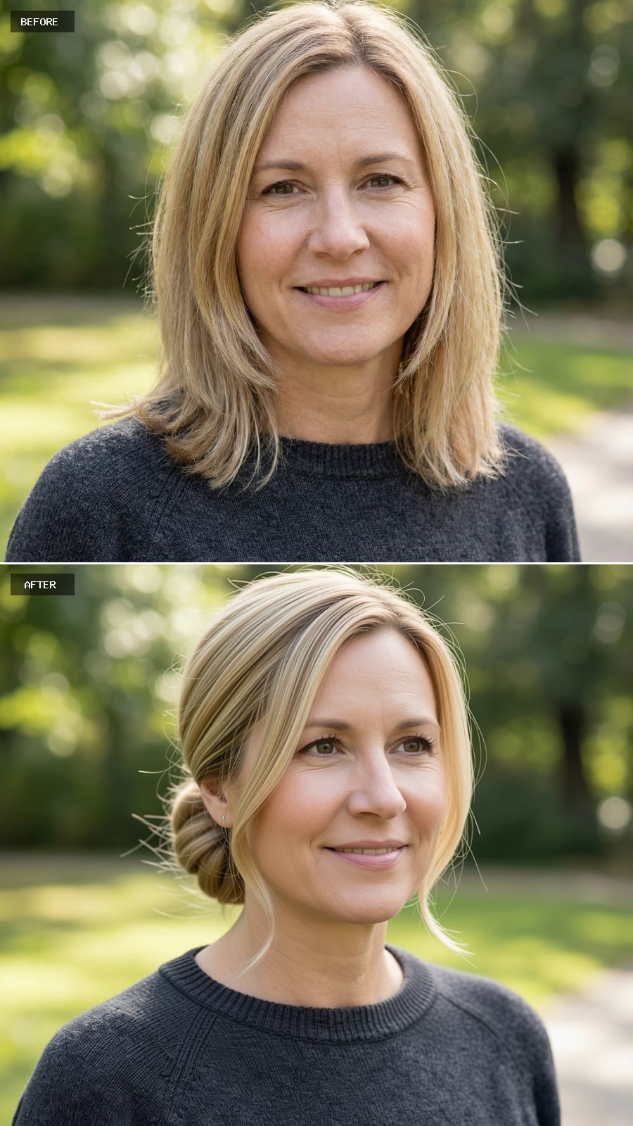 Photorealistic Headshot Of The Same 47-year-old Woman, Sandy Blonde Hair Styled Into A Low Sleek Chignon With Soft Face-framing Strands, Elegant And Modern, Outdoors