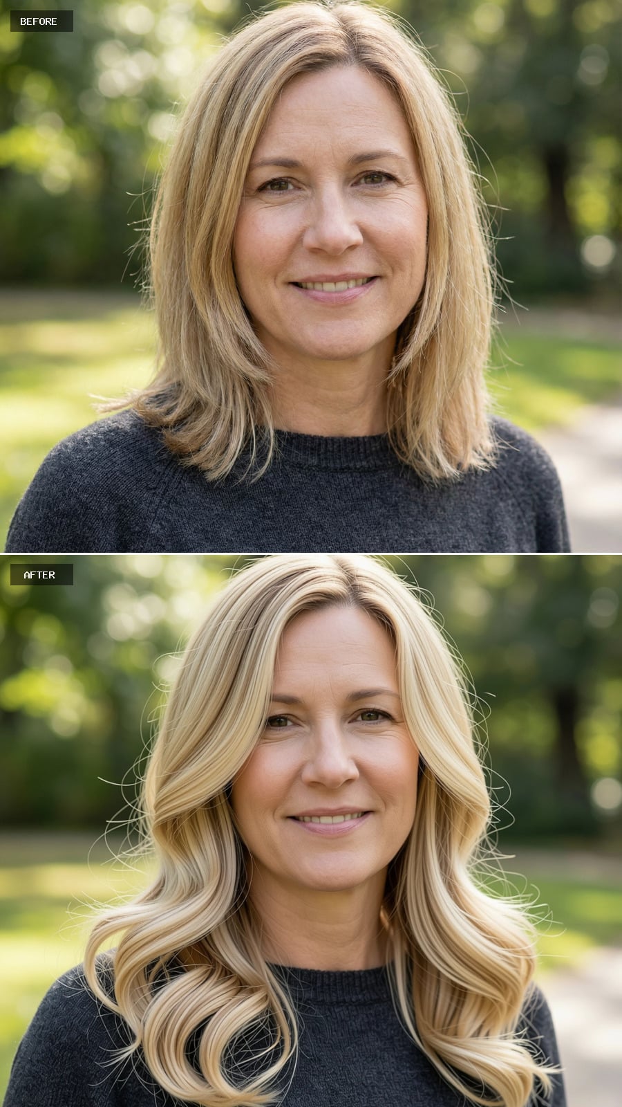 Photorealistic Headshot Of The Same 47-year-old Woman, Long Blonde Hair Styled In Smooth S-waves With A Side Part, Controlled And Chic, Outdoor Background