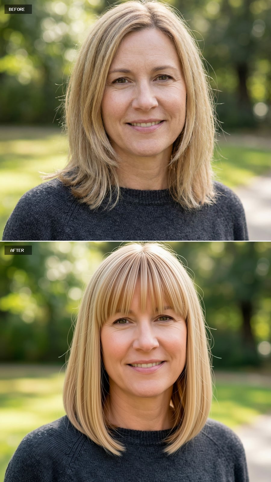 Photorealistic Headshot Of The Same 47-year-old Woman, Strawberry Blonde Shoulder-length Cut With Straight Styling And Blunt Fringe, Fashion-forward And Clean, Outdoors