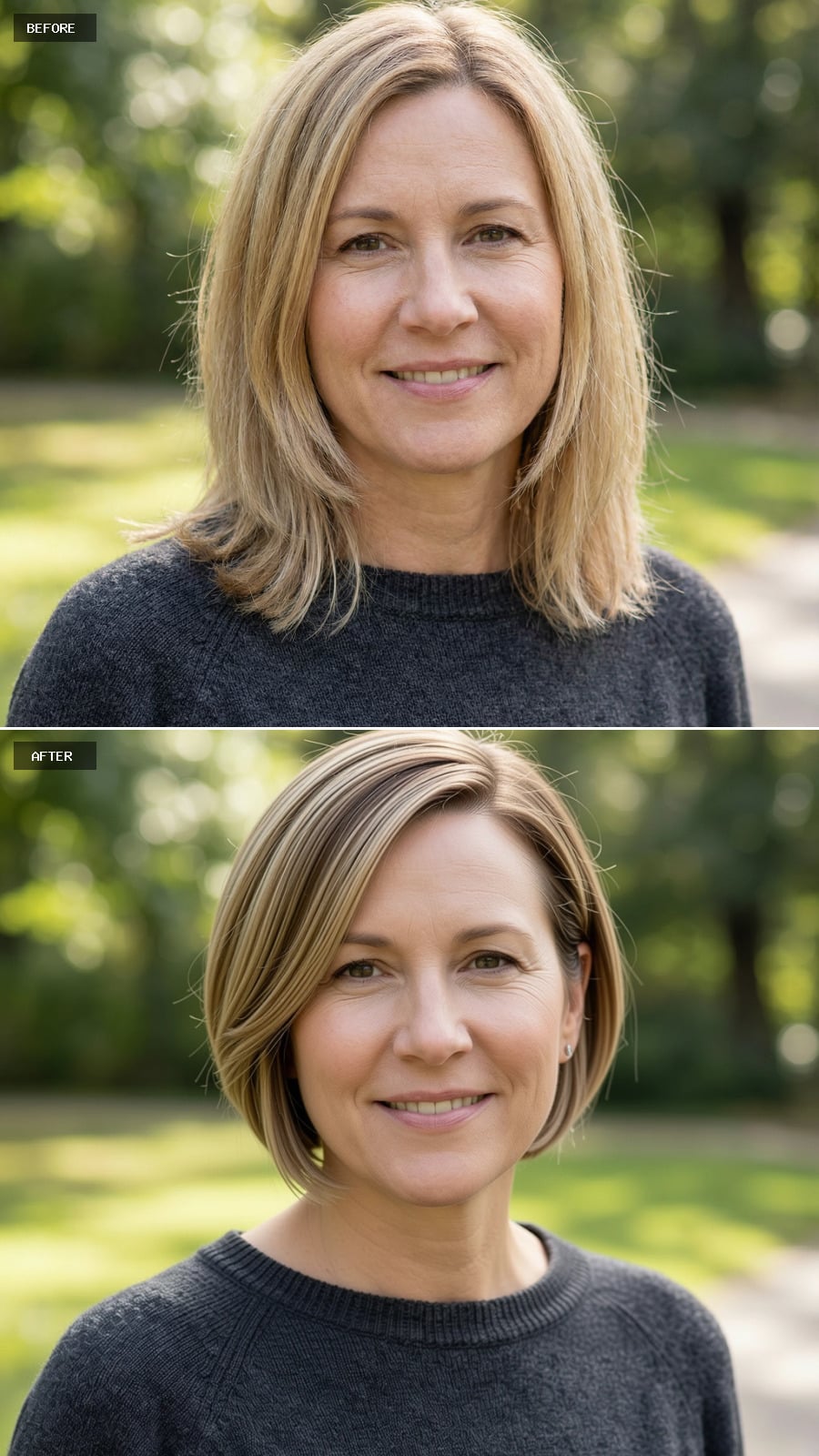 Photorealistic Headshot Of The Same 47-year-old Woman, Short Light Brunette Bob With Subtle Undercut At The Nape, Sleek Top Layers, Modern And Bold, Outdoors