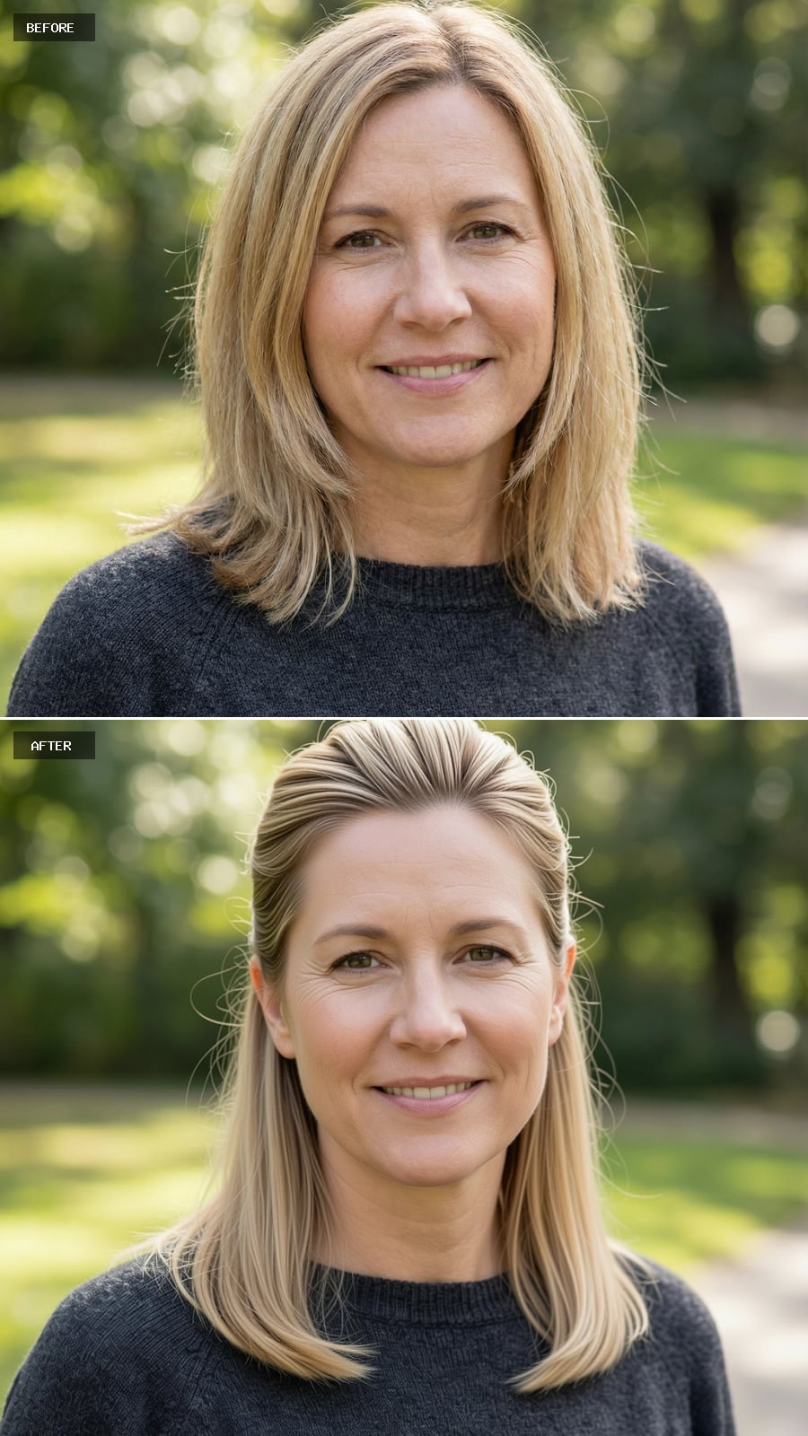 Photorealistic Headshot Of The Same 47-year-old Woman, Sandy Blonde Hair Worn Half-up With A Sleek Crown And Smooth Lengths, Polished Casual Look, Outdoors