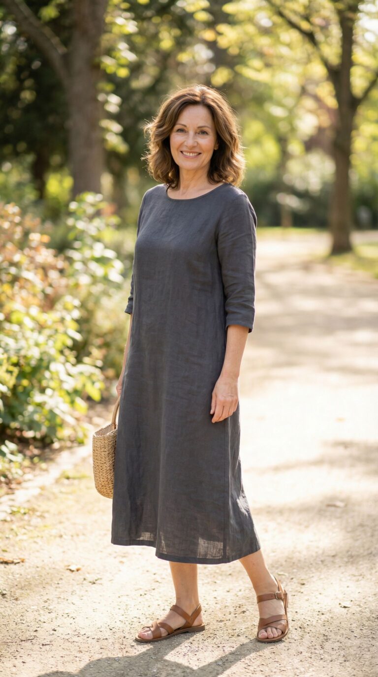 50 YO Woman Uploads Photo of Her Wearing a Plain Grey Midi Dress to AI and Asked to Elevate with Style and Accessories. These are the 33 Eye-Opening Results
