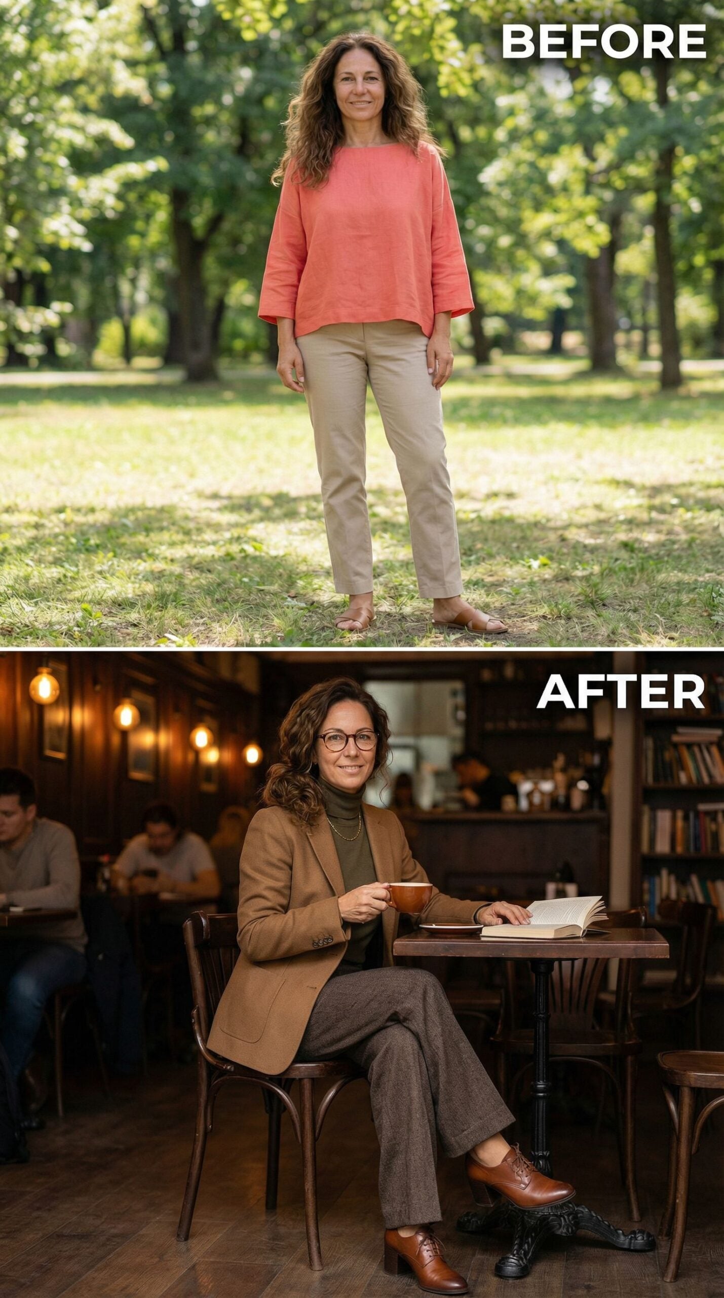 Tortoiseshell Frames and Camel Blazer at the Corner Table