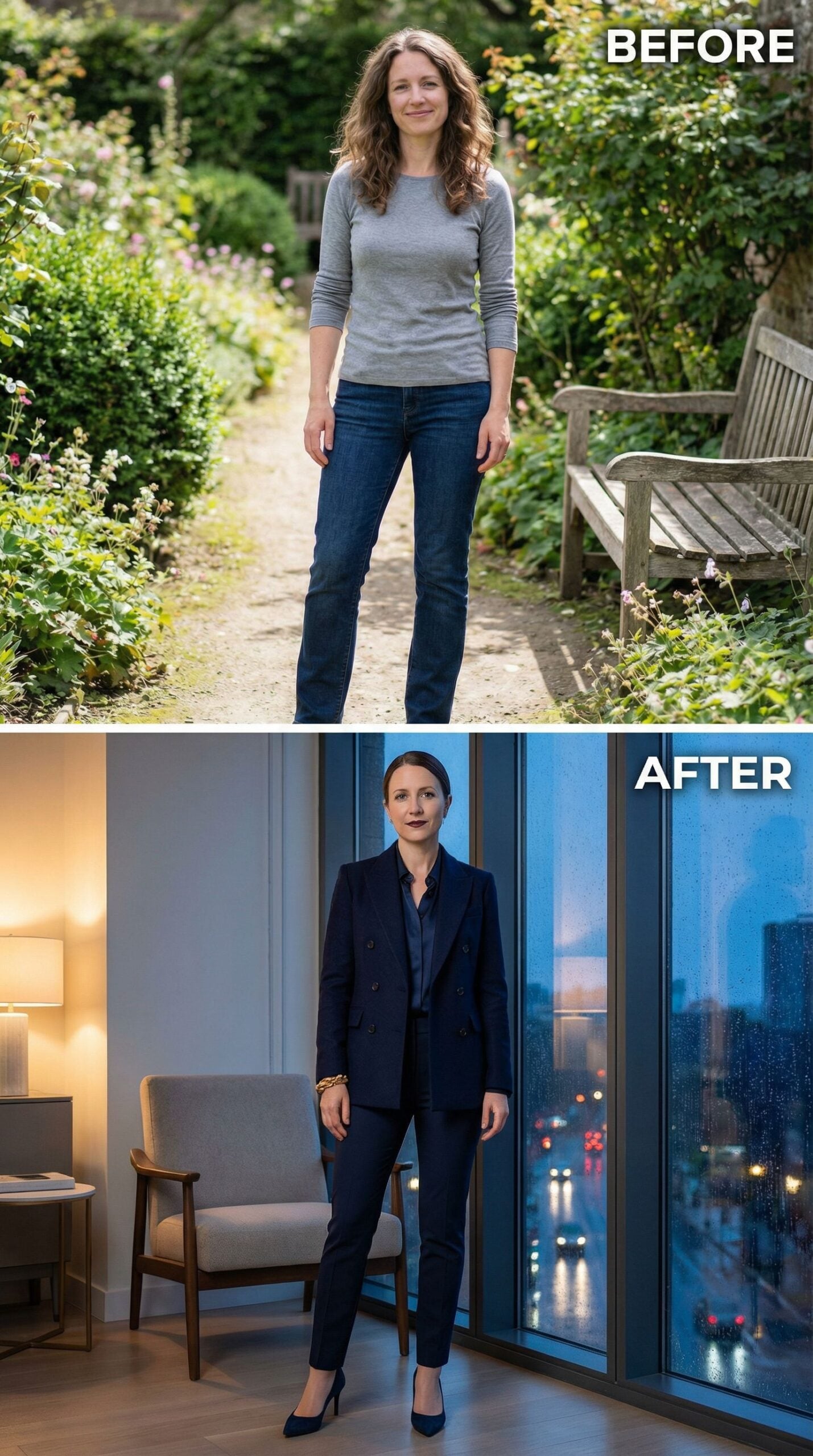 Charcoal Wool Blazer, Midnight Trousers, Black Pointed Pumps