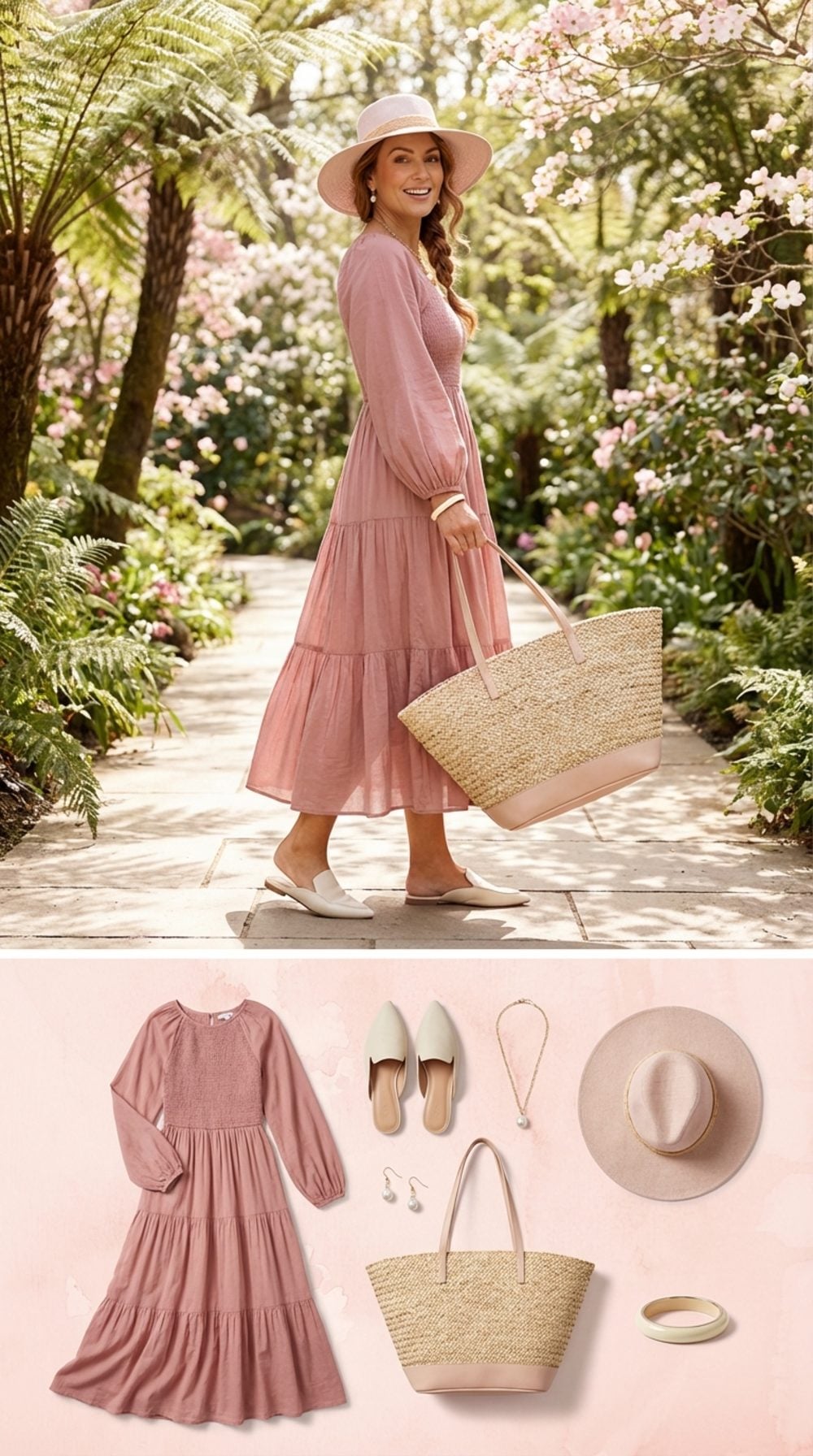 Dusty Rose Cotton Voile and Woven Straw on a Sunday Botanical Garden Walk