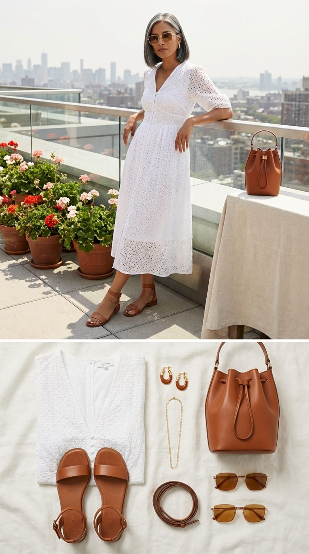 Chalk White Broderie Anglaise with Cognac Hardware at a Rooftop Brunch