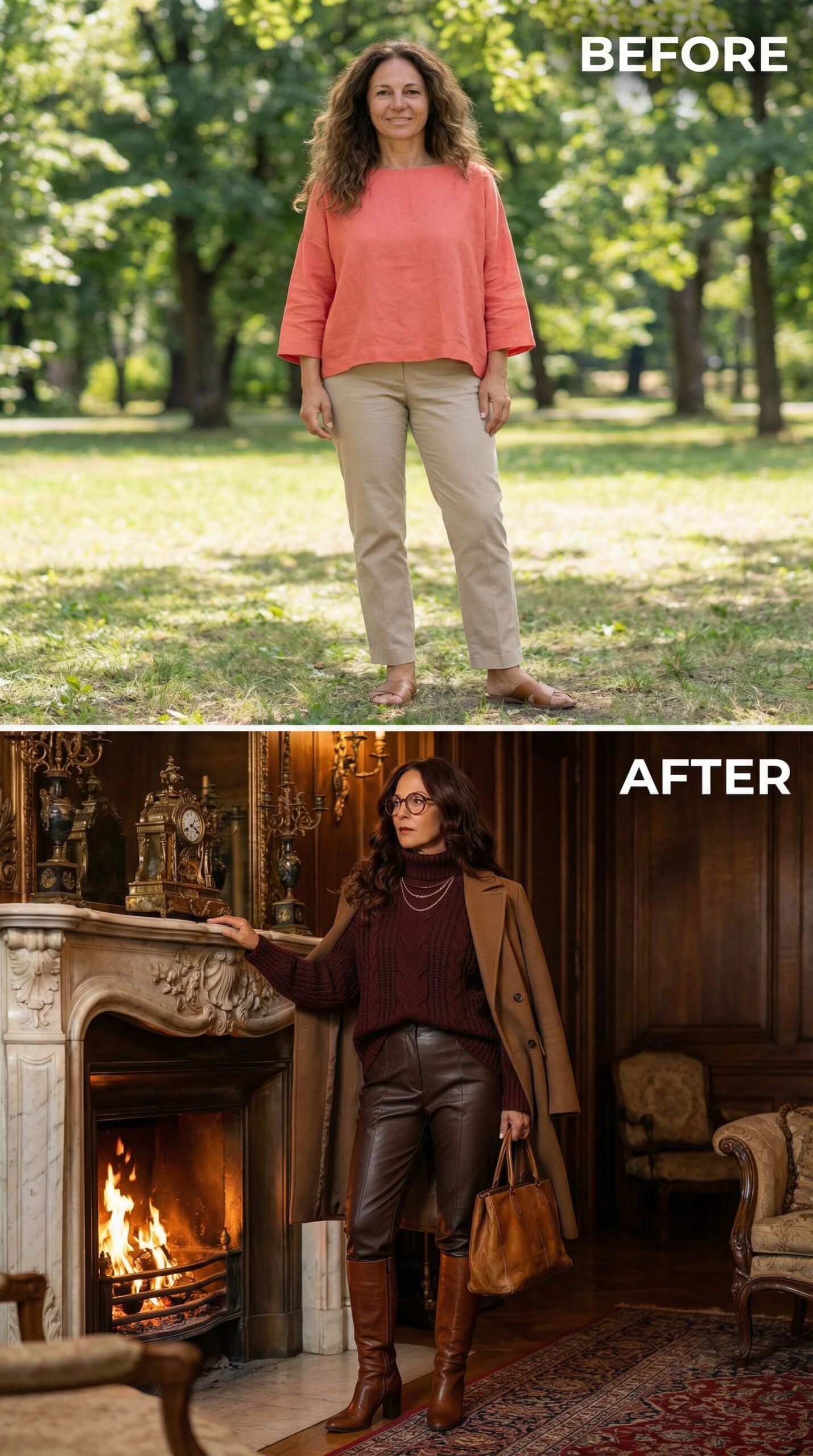 Rich Burgundy Knit and Leather Pants Command a Classic Interior