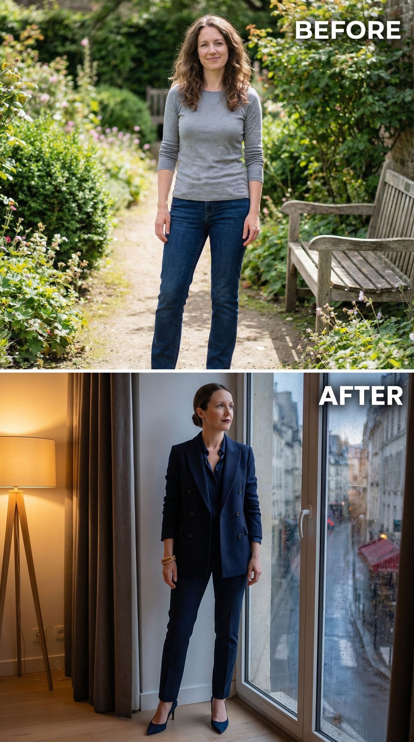 Streamlined Navy Blazer with Pointed-Toe Pumps and Sleek Updo