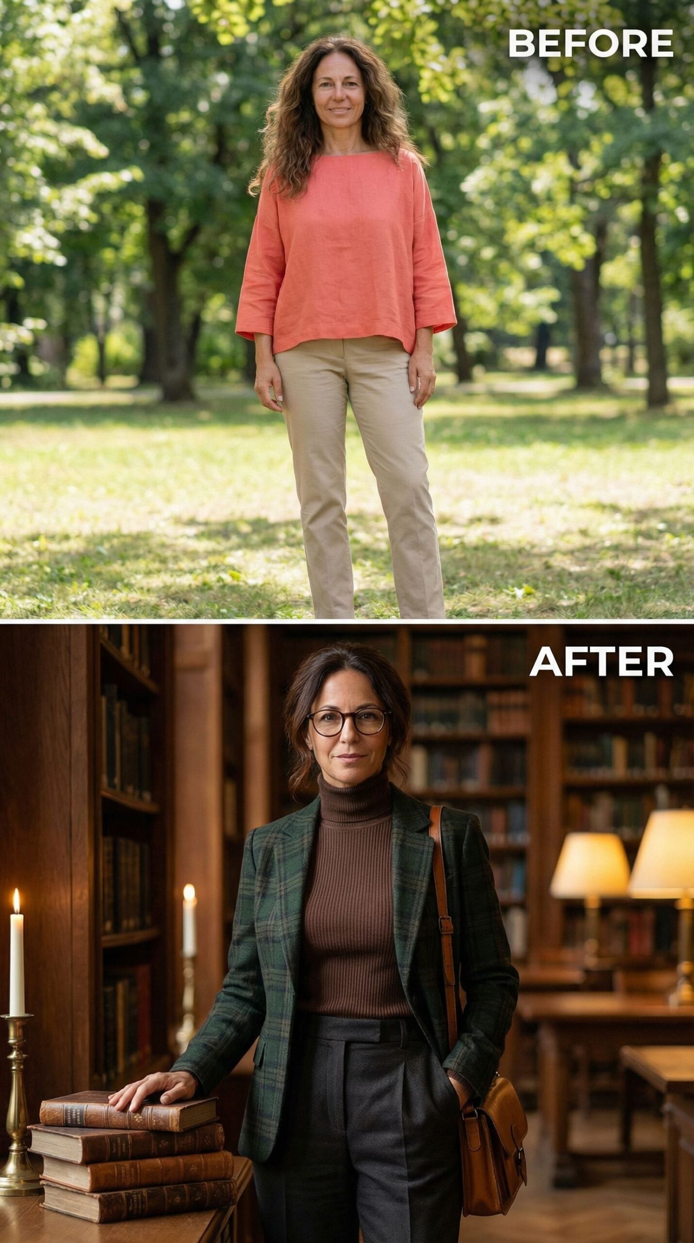 Plaid Blazer Over Ribbed Turtleneck in a Library Setting