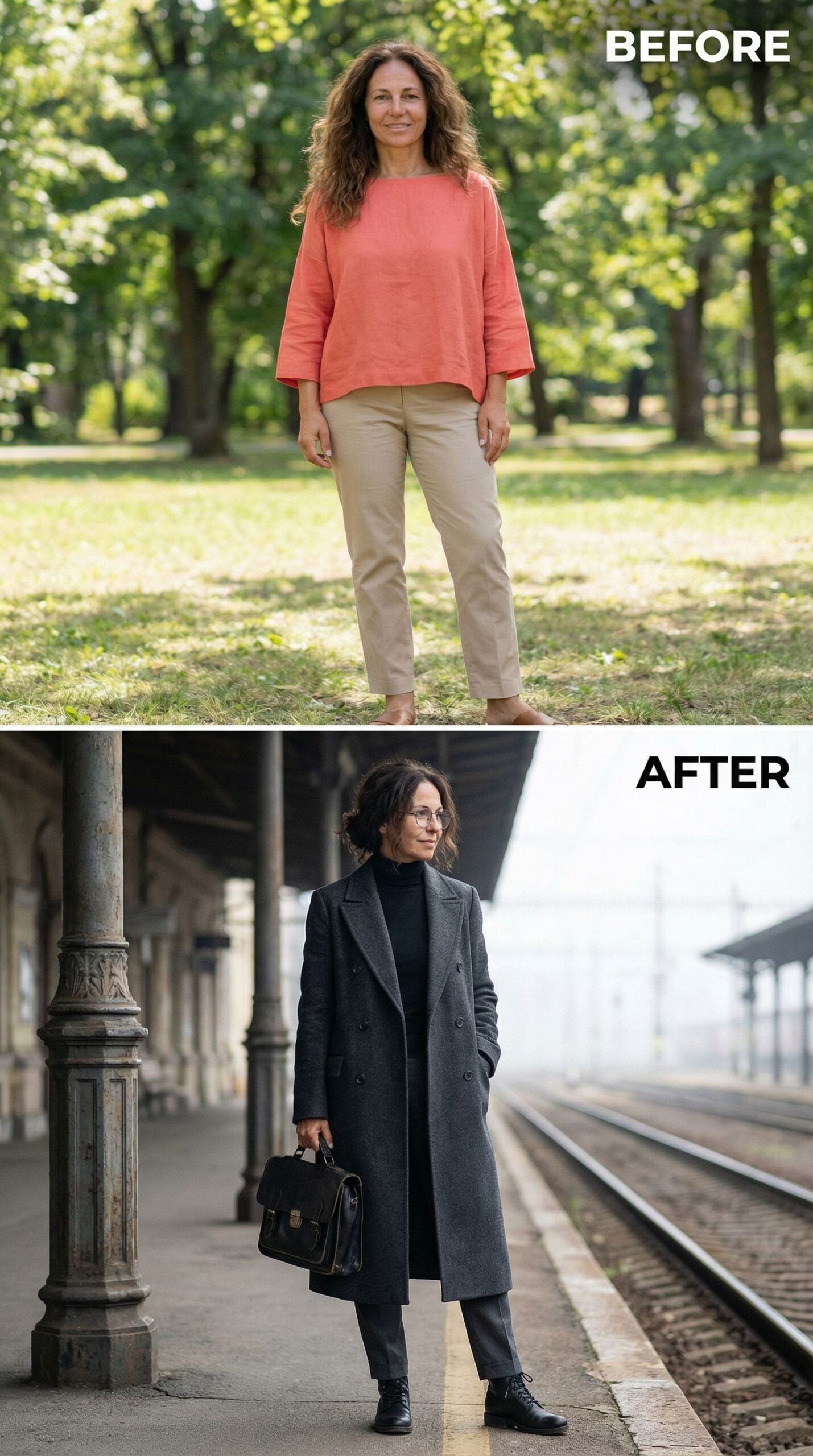 Charcoal Wool Coat and Black Turtleneck at the Train Platform