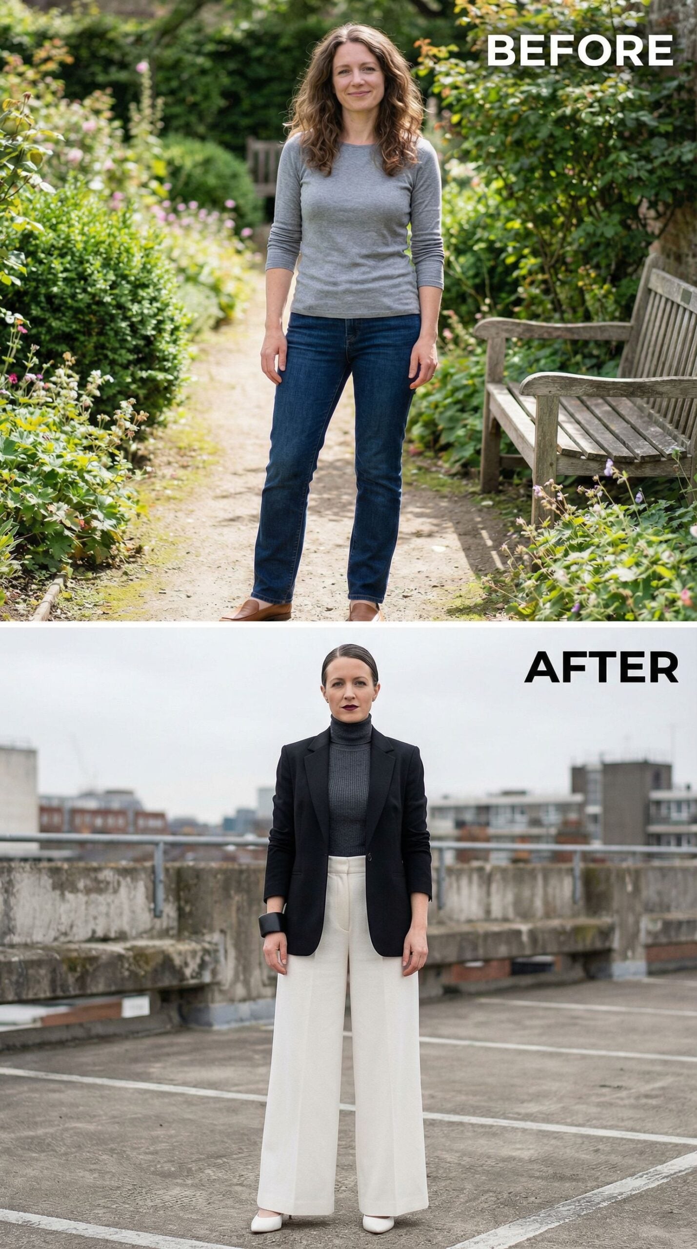 Sleek Black Blazer Over Ribbed Turtleneck, Wide-Leg Trousers in Ivory
