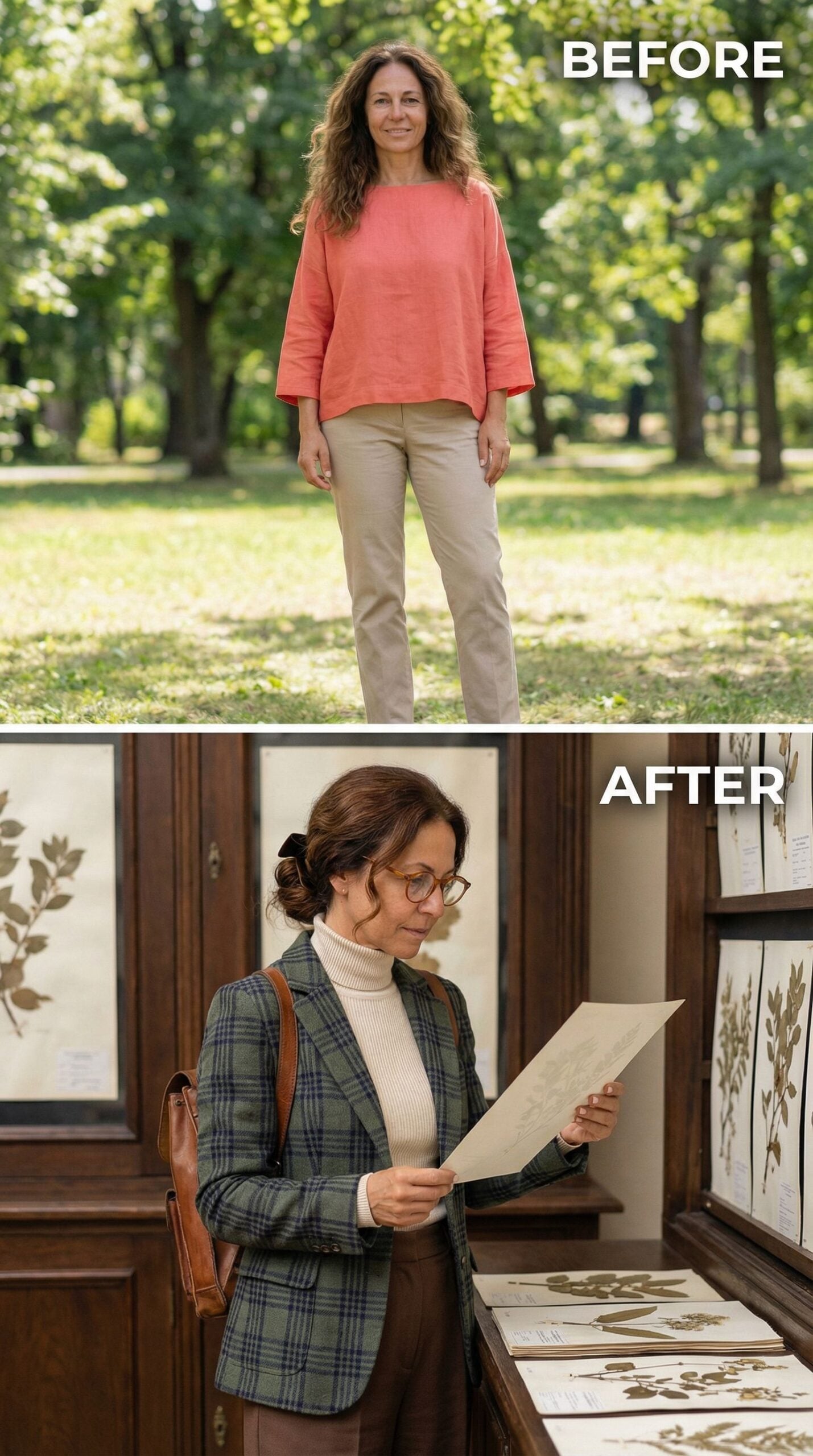 Green Plaid Blazer Over Ivory Turtleneck in a Museum Archive Room