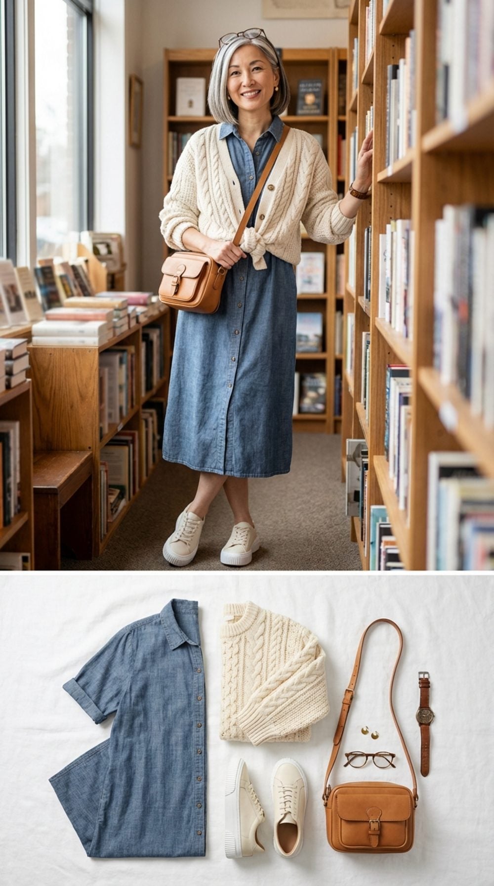 Slate Blue Denim Midi with Cream Knitwear for a Relaxed Cultural Saturday