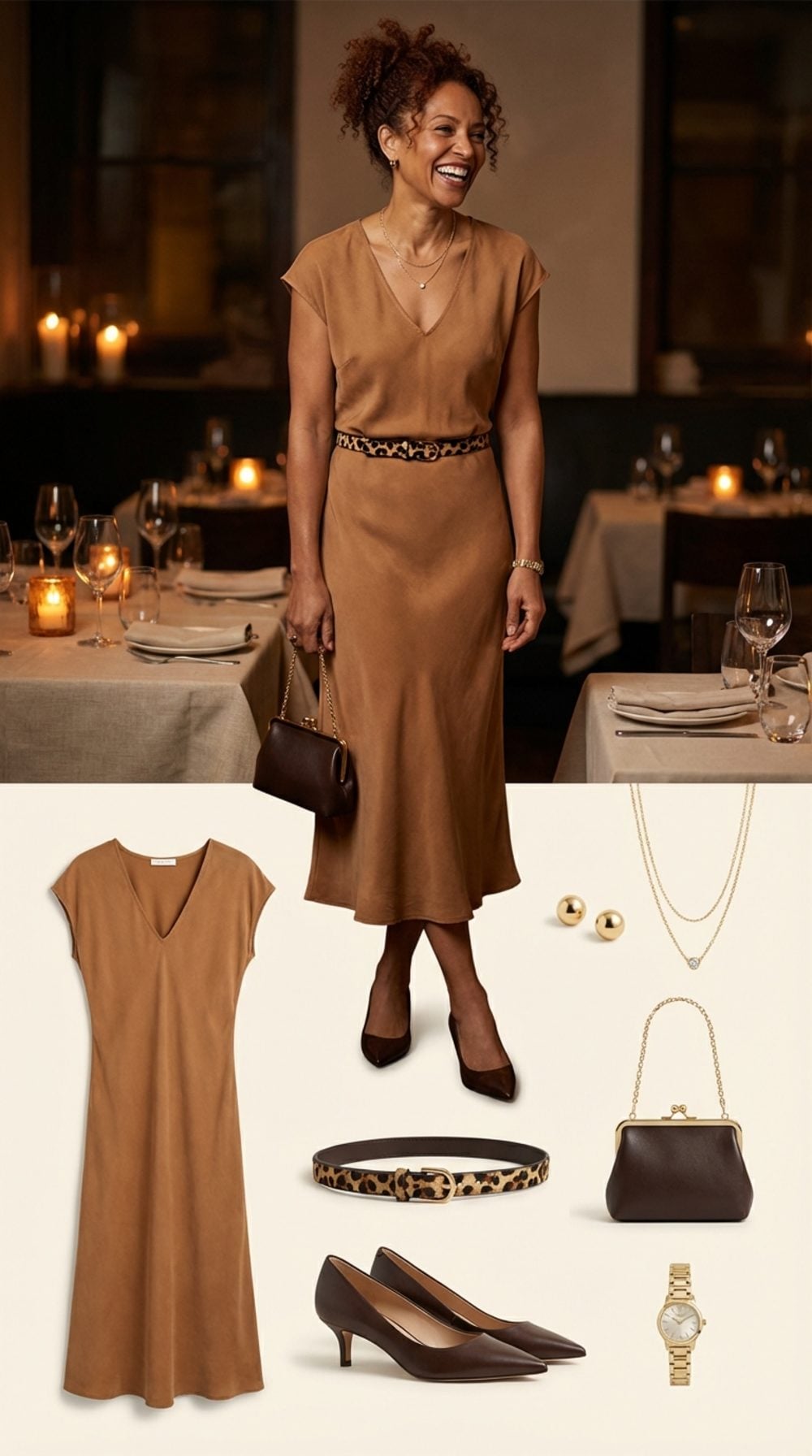 Warm Caramel Silk Midi and Leopard-Print Belt for the Dinner Date