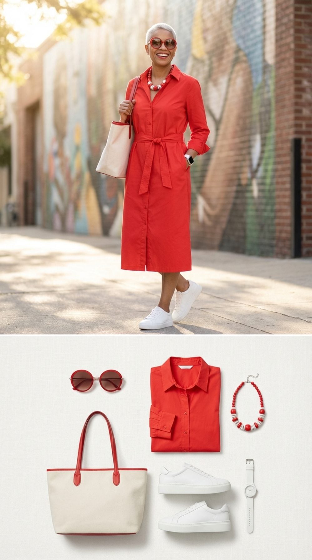 Poppy Red Midi Shirt Dress and White Trainers for the Weekend Art District Walk