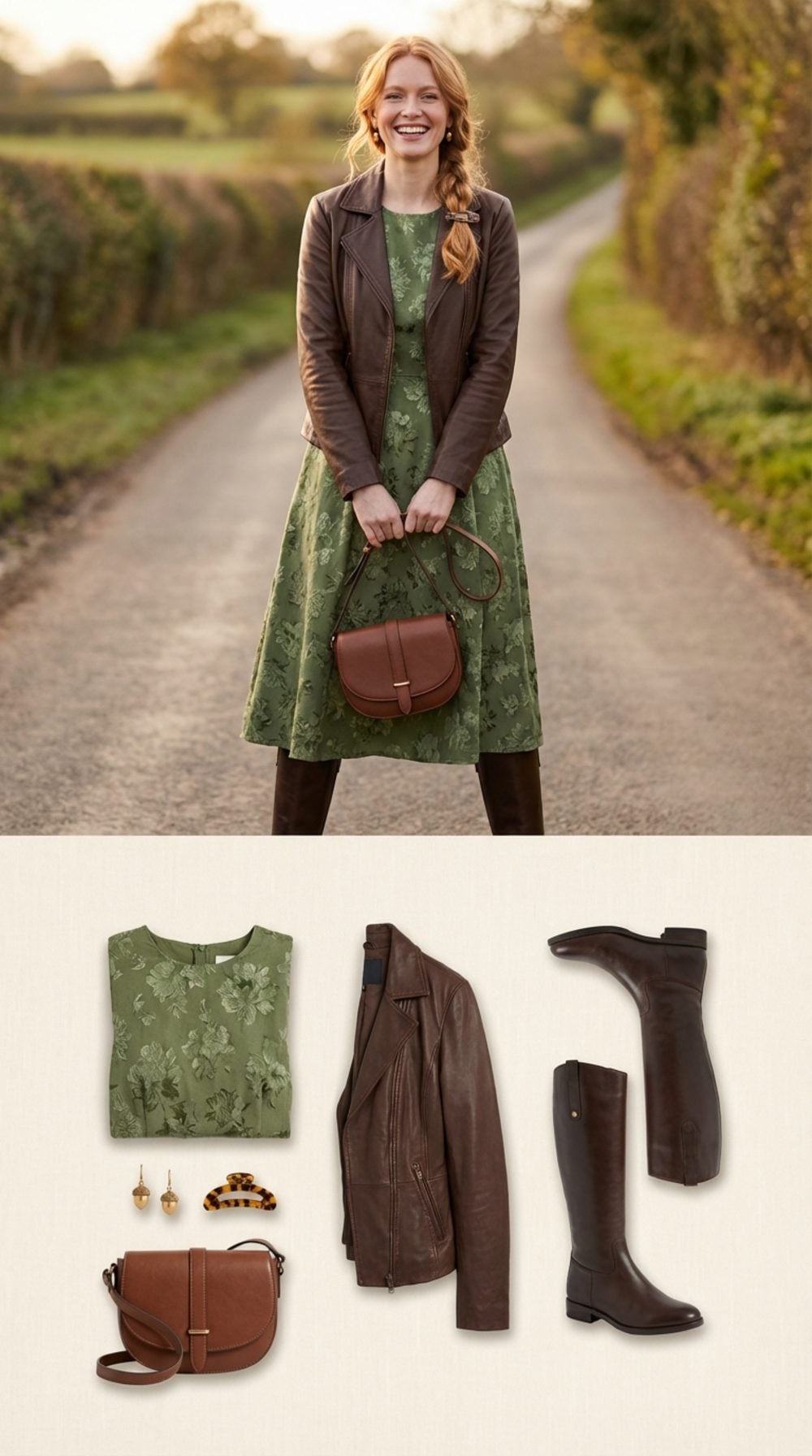 Moss Green Jacquard Midi and Chocolate Brown for a Countryside Weekend