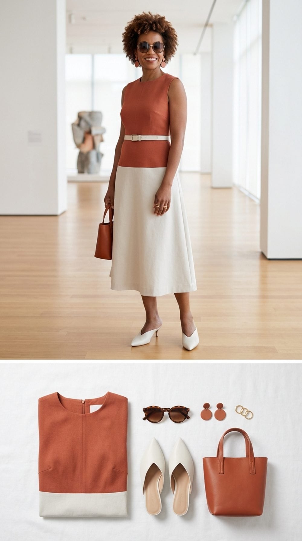 Warm Terracotta and Stone-White Block Color Midi for the Modern Museum Afternoon