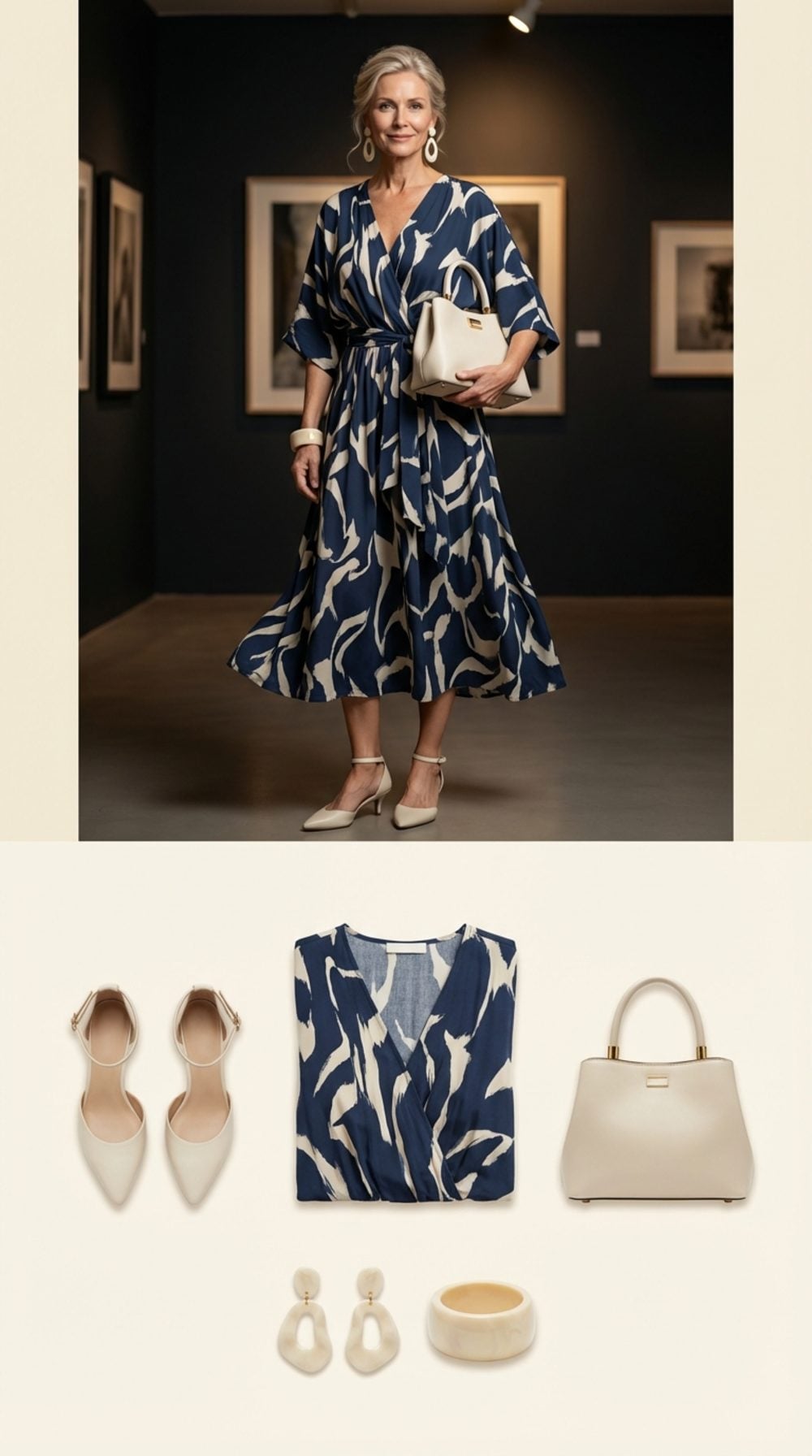 Ink Blue and Cream Printed Maxi Midi with Sculptural Accessories for the Private View
