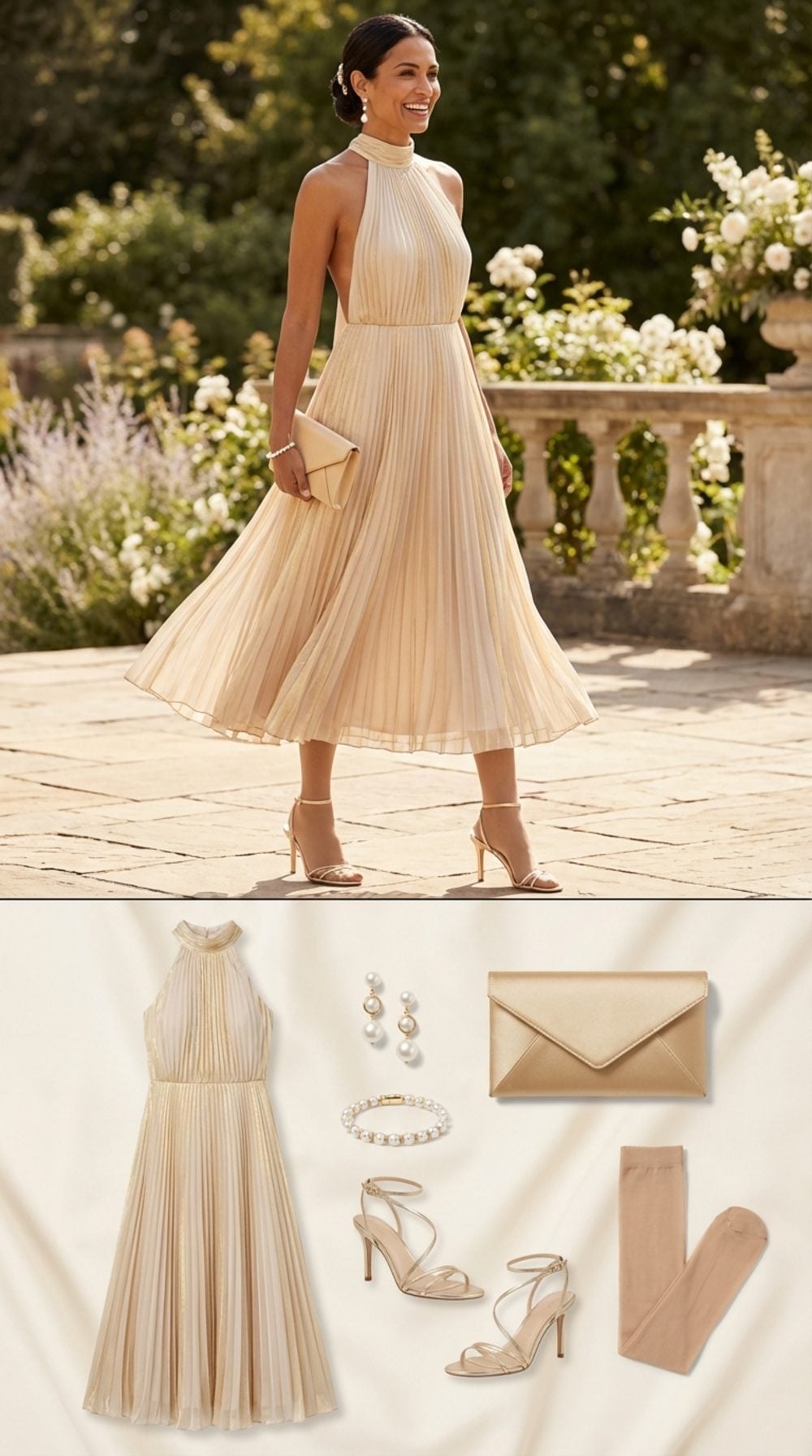 Sand and Pale Gold Pleated Midi for the Elegant Daytime Wedding Guest Moment
