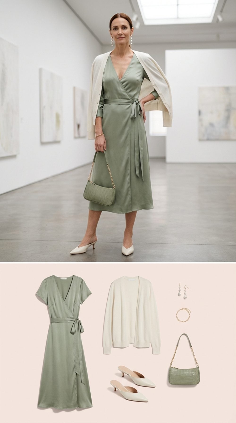 Sage Green Silk Charmeuse at a Slow Sunday Gallery Opening